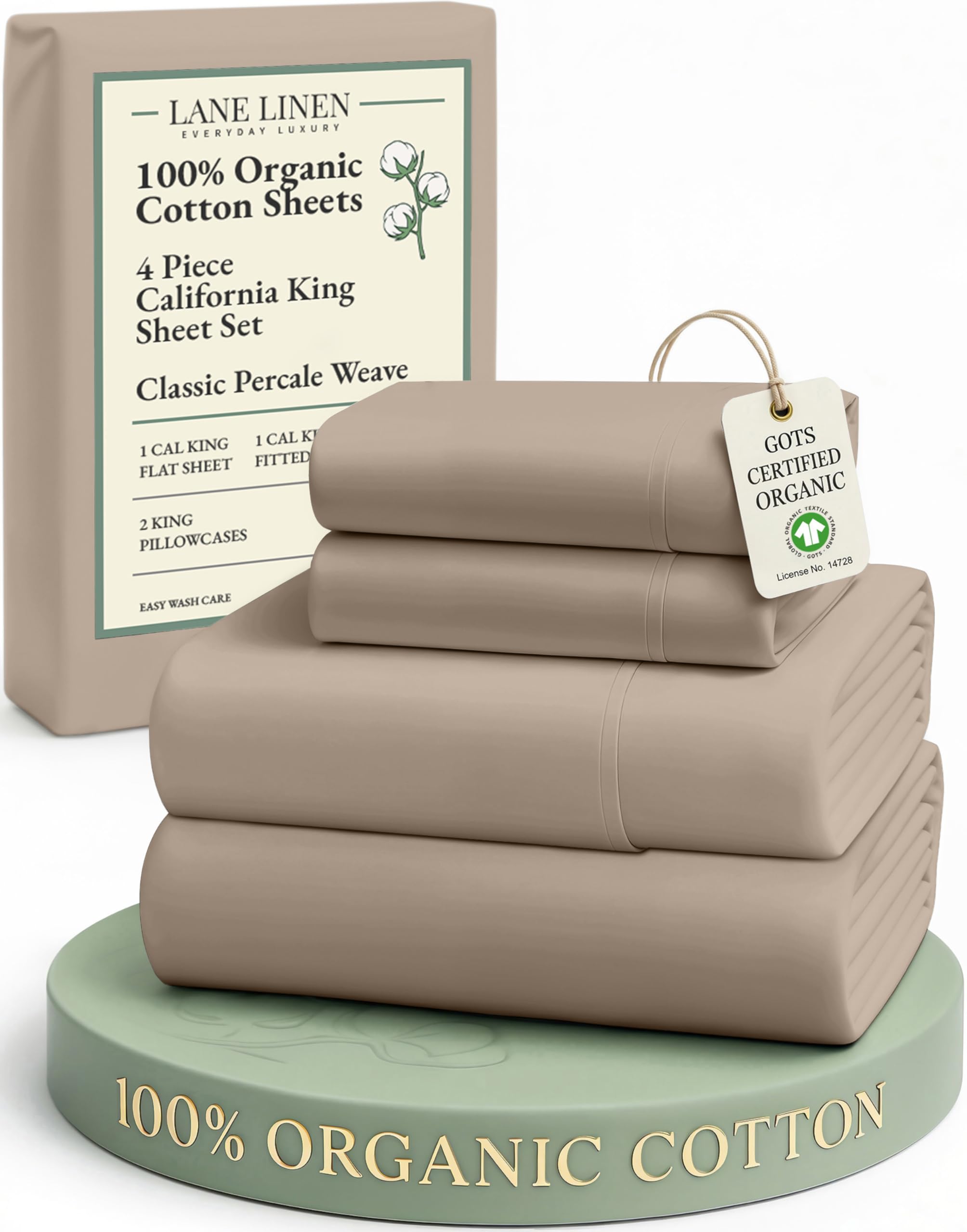 LANE LINEN 100% Organic Cotton Sheets Queen Size Bed Set, Machine Wash Eco Friendly Sustainably Produced Cotton Queen Sheet Set, Soft & Comfy Long Stabple Naturally Cooling Sheets– Mineral