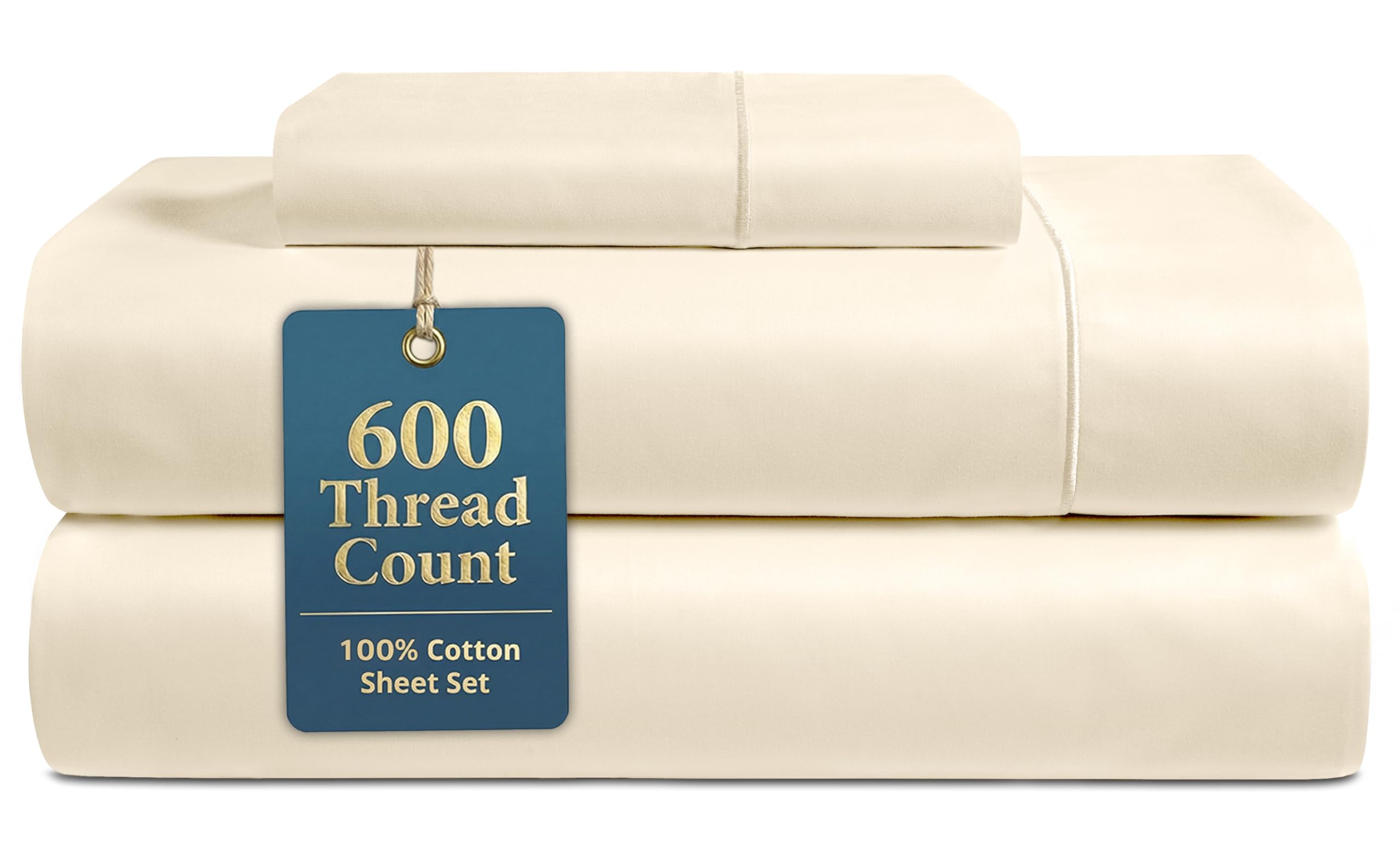 LANE LINEN Queen Bed Sheets - Pemium 600 Thread Count Long Staple 100% Cotton Sheets Queen Size Bed Set, Hotel Luxury Sateen Finish, 15" Deep Pocket Fitted Sheet, Cool & Durable - Denim