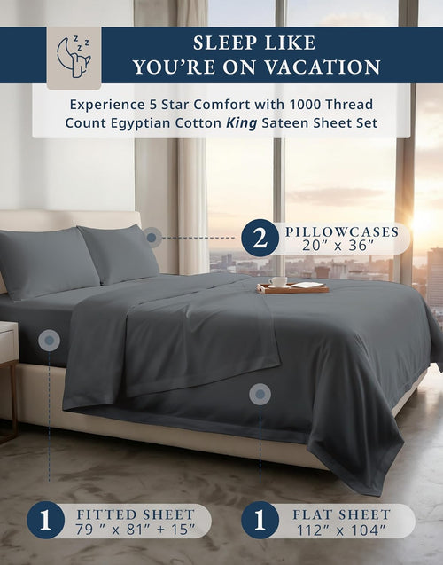 100% Egyptian Cotton King Sheet Set – Premium 1000 Thread Count Naturally Cooling & Breathable King Sheets, Authentic Long-Staple Cotton for Lasting Softness, Snug Fit 15" Deep Pocket Fitted -Charcoal