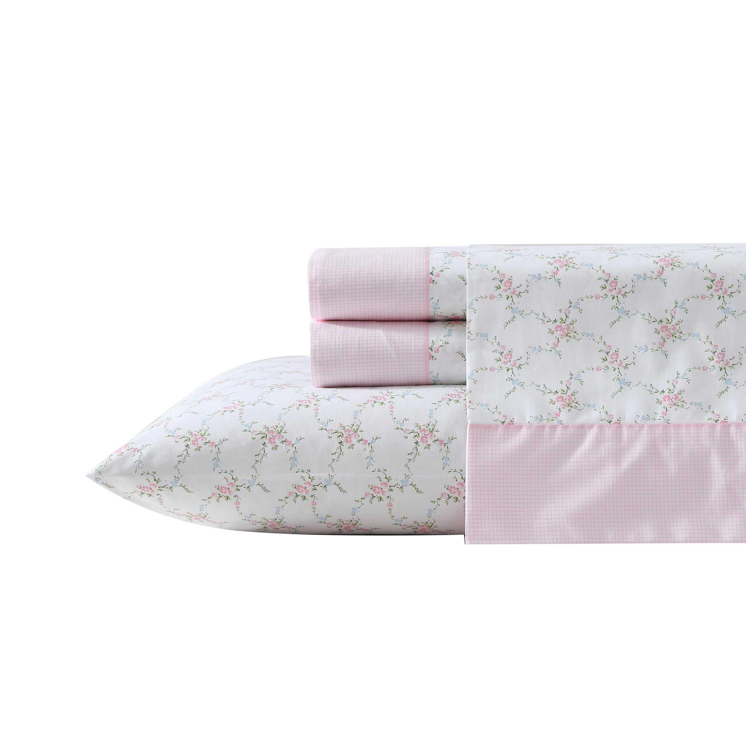 Laura Ashley - Queen Sheets, Cotton Percale Bedding Set, Lightweight & Breathable Home Decor (Evie Pink, Queen)