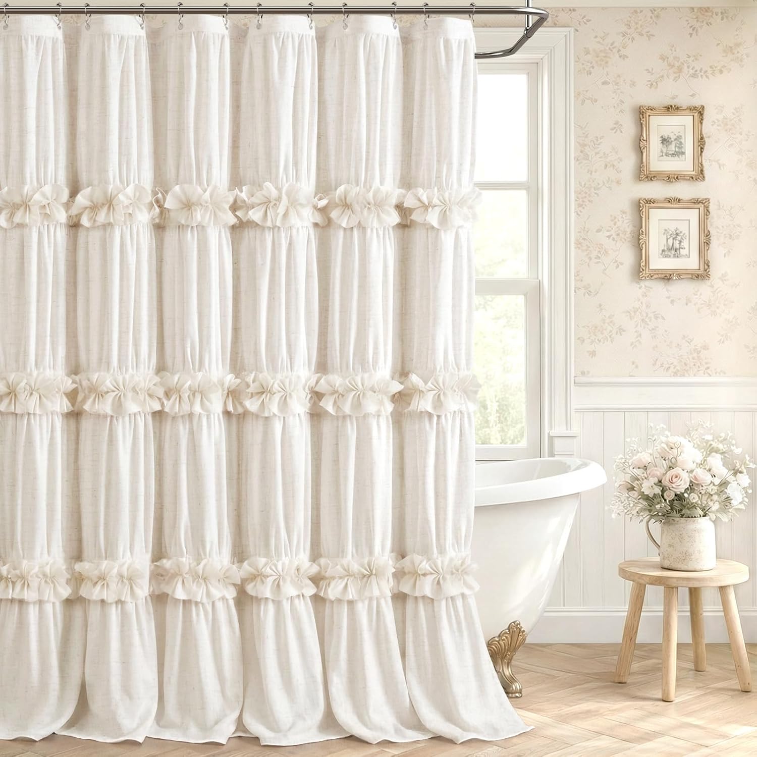 Ruffle Shower Curtain with Bow Vintage Farmhouse Linen Shower Curtain for Bathroom, Cream, 72" W x 72" H