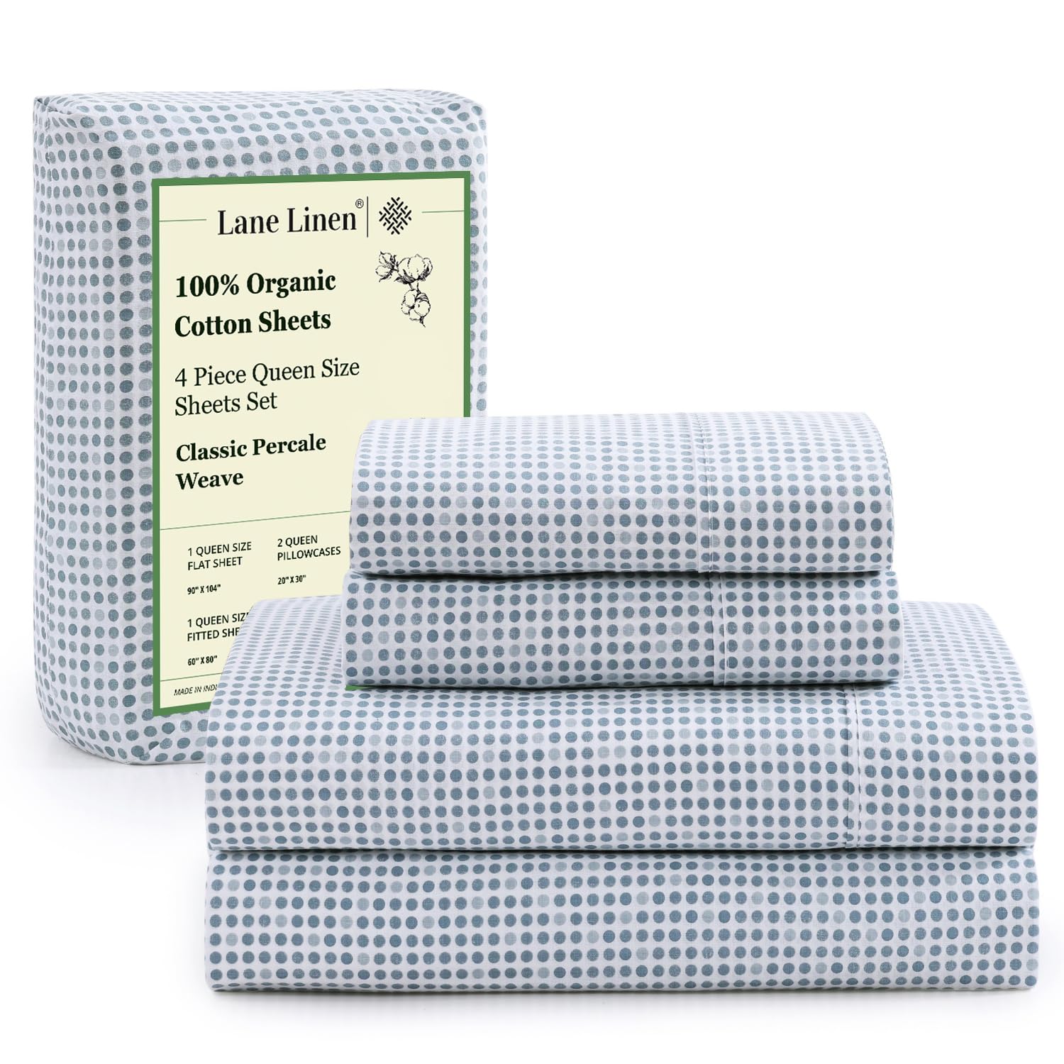 LANE LINEN Eco Friendly 100% Organic Cotton Queen Sheet Set, Soft & Comfy Fully Elasticized 15" Deep Pocket Bed Sheets, Low Pill Naturally Cooling Machine Wash Sábanas Queen- White Bed Sheets