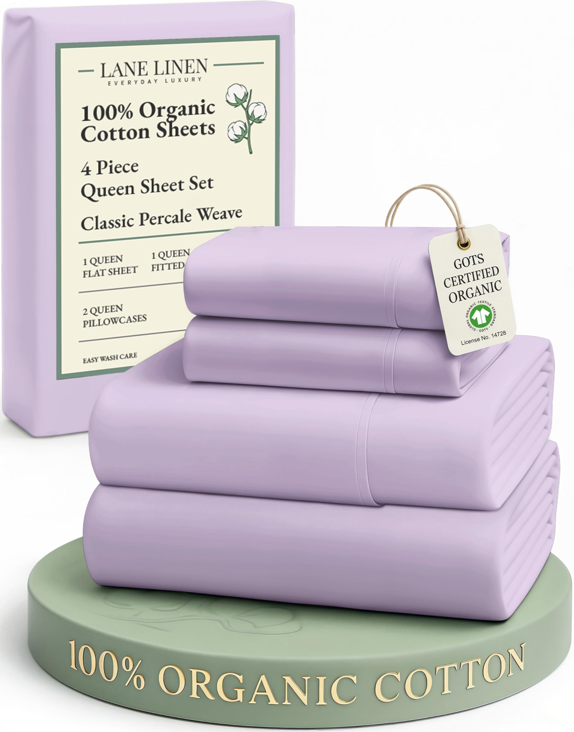 LANE LINEN 100% Organic Cotton Sheets Queen Size Bed Set, Machine Wash Eco Friendly Sustainably Produced Cotton Queen Sheet Set, Soft & Comfy Long Stabple Naturally Cooling Sheets– Mineral