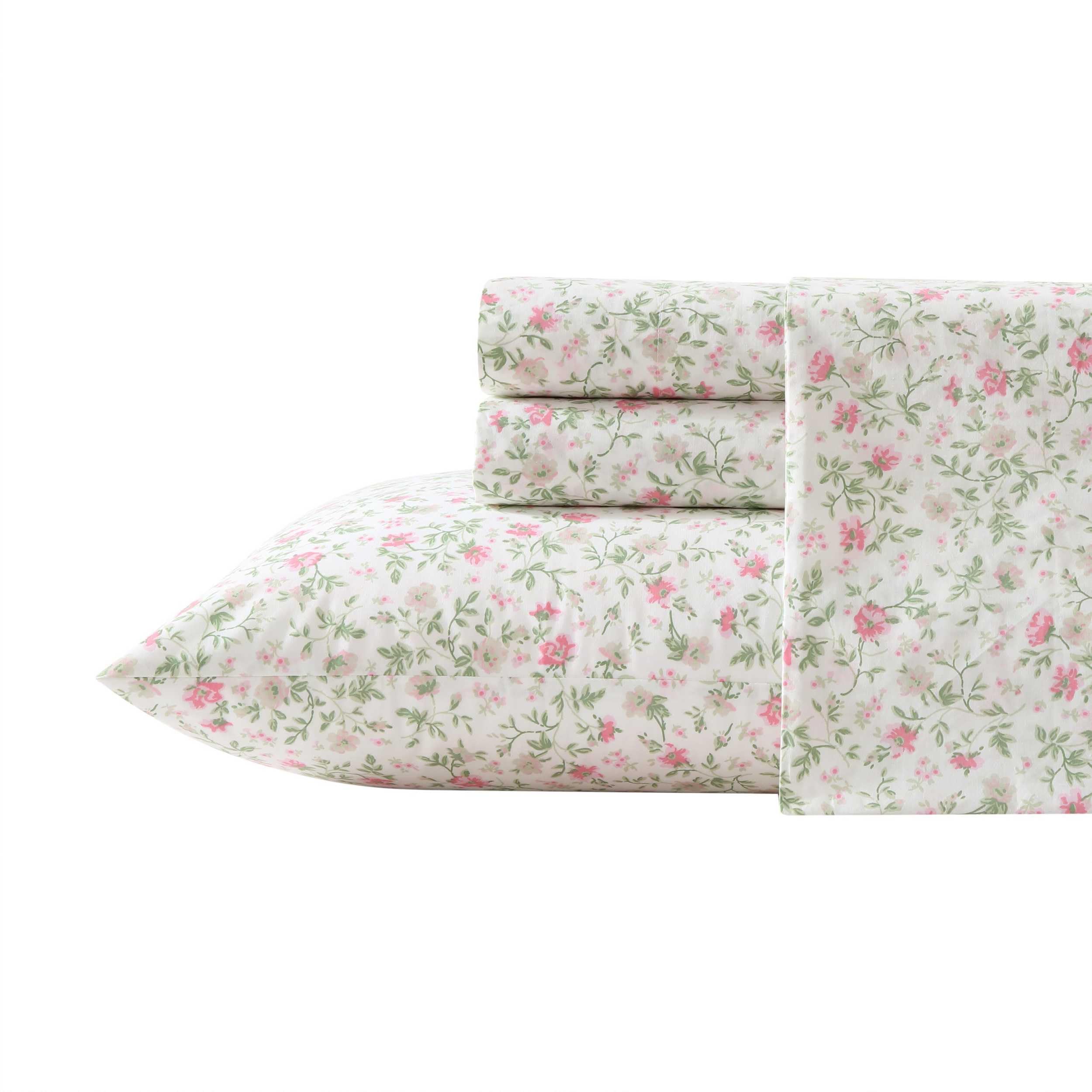 Laura Ashley - Queen Sheets, Cotton Percale Bedding Set, Lightweight & Breathable Home Decor (Evie Pink, Queen)