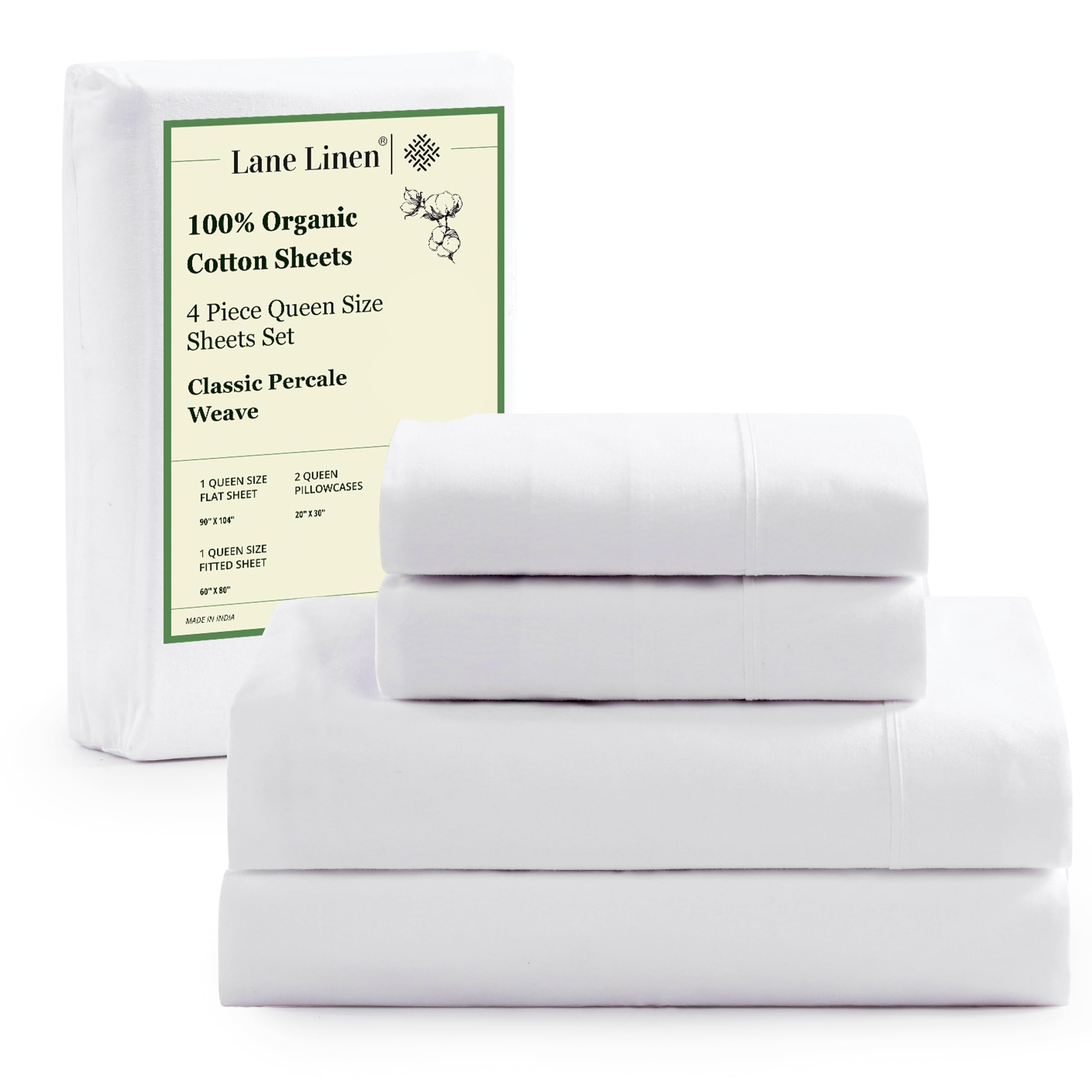 LANE LINEN 100% Organic Cotton Sheets Queen Size Bed Set, Machine Wash Eco Friendly Sustainably Produced Cotton Queen Sheet Set, Soft & Comfy Long Stabple Naturally Cooling Sheets– Mineral