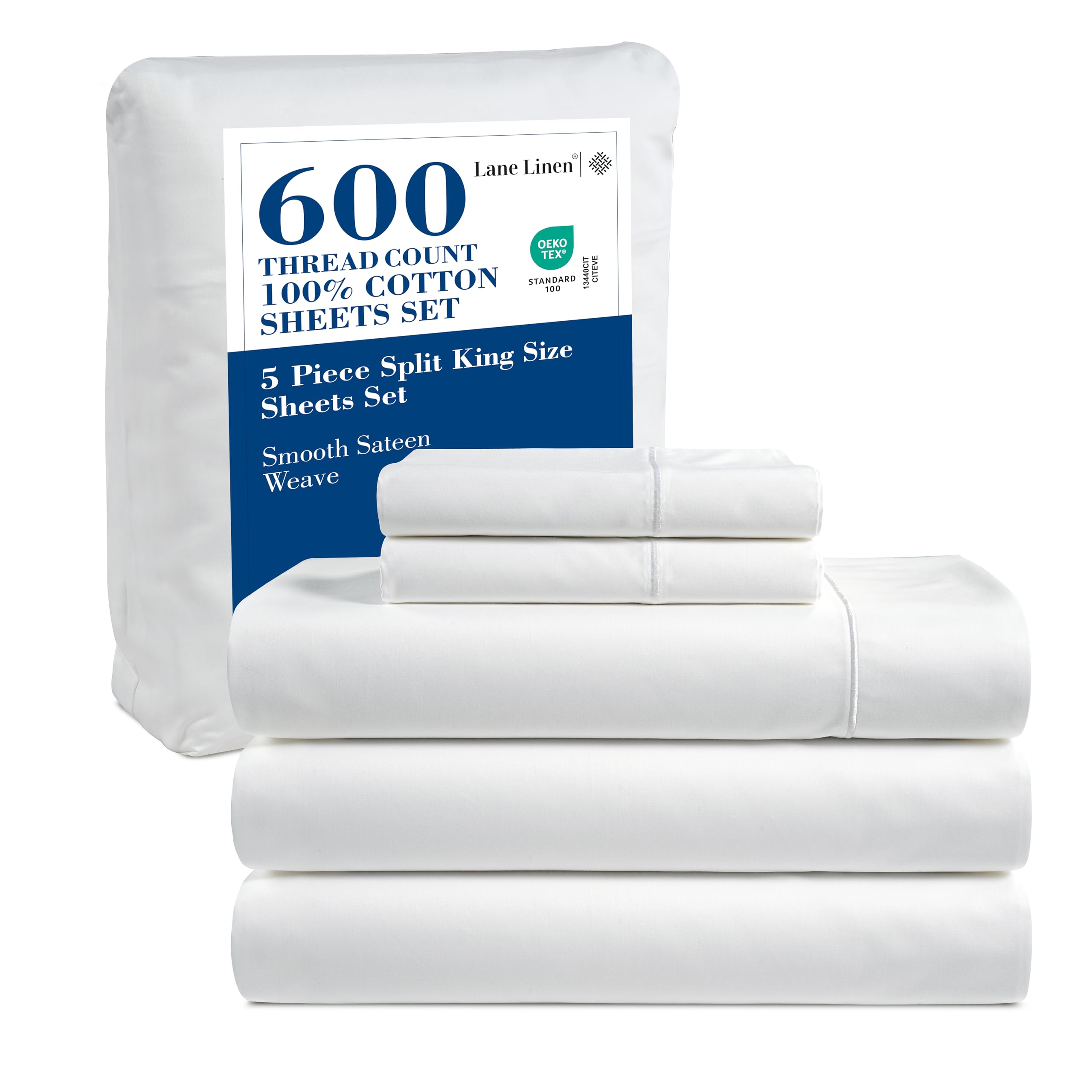 LANE LINEN Queen Bed Sheets - Pemium 600 Thread Count Long Staple 100% Cotton Sheets Queen Size Bed Set, Hotel Luxury Sateen Finish, 15" Deep Pocket Fitted Sheet, Cool & Durable - Denim