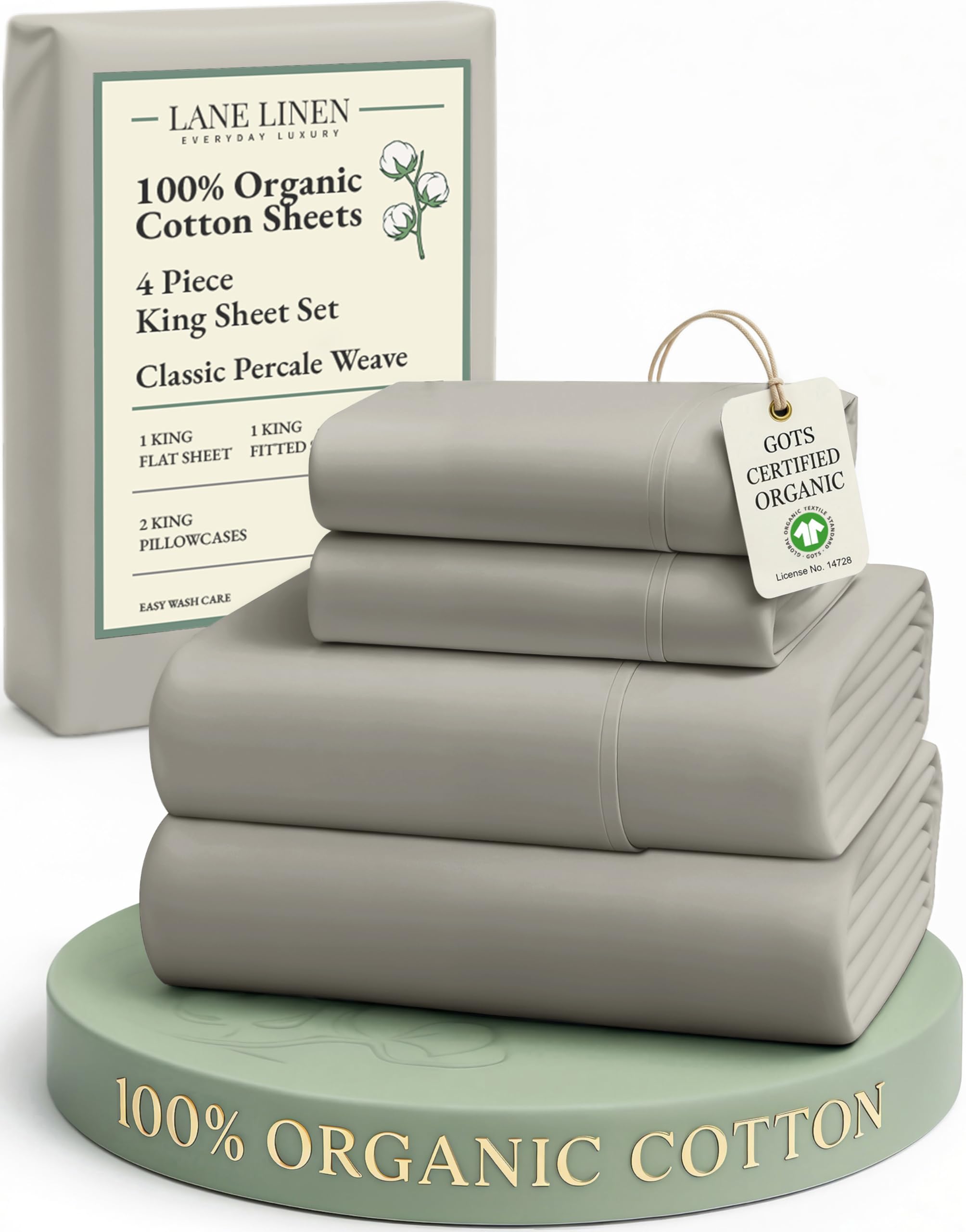 LANE LINEN 100% Organic Cotton Sheets Queen Size Bed Set, Machine Wash Eco Friendly Sustainably Produced Cotton Queen Sheet Set, Soft & Comfy Long Stabple Naturally Cooling Sheets– Mineral