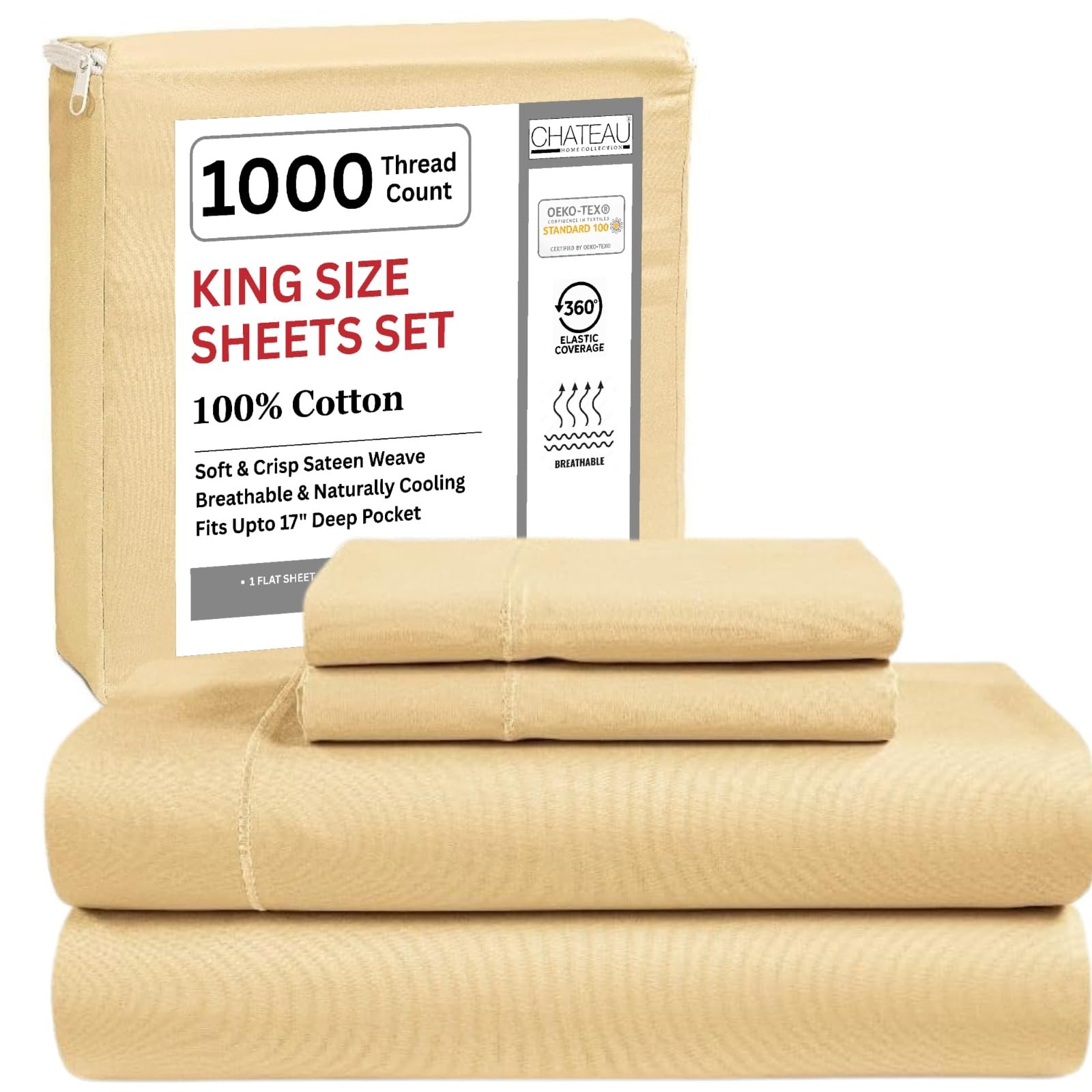 King Bed Sheets Deep Pocket King Sheet Set, 1000 Thread Count Long Staple Fully Elasticated 100% Cotton Sheet & Pillowcase sets, Machine Wash No Pill Naturally Breathable Cotton Bedding- Mineral