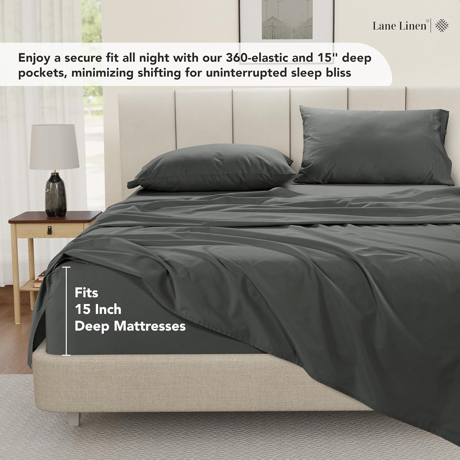LANE LINEN Twin Sheets Set – Long-Staple 100% Cotton Pre-Washed Twin Sheets, Naturally Cool & Soft Percale Weave for All-Season Comfort for Dorm use, Machine Washable,15” Deep Pocket – Charcoal