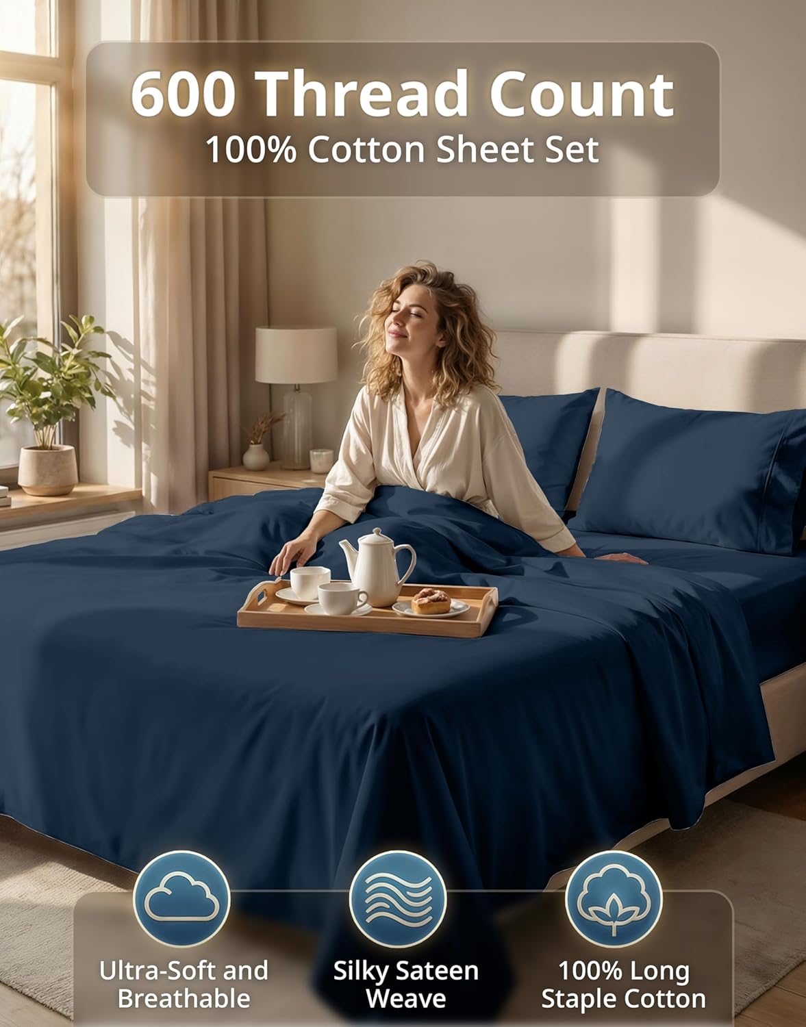 LANE LINEN Queen Bed Sheets - Pemium 600 Thread Count Long Staple 100% Cotton Sheets Queen Size Bed Set, Hotel Luxury Sateen Finish, 15" Deep Pocket Fitted Sheet, Cool & Durable - Denim