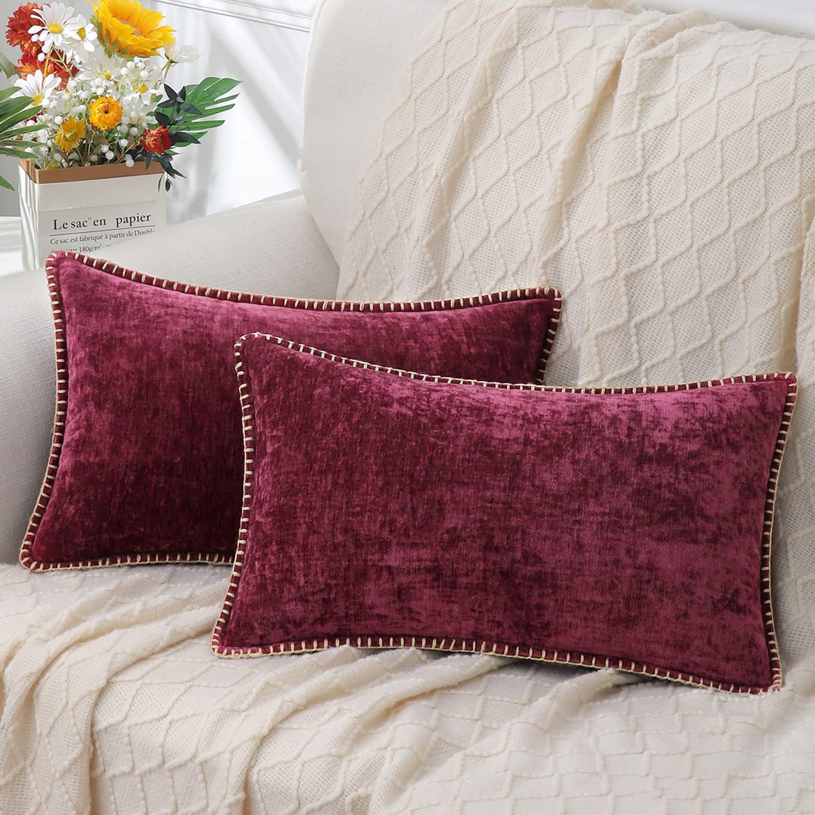 decorUhome Chenille Soft Cozy Throw Pillow Covers 18x18 Set of 2, Modern Farmhouse Boho Velvet Decorative Pillow Cases with Stitched Edge for Couch Sofa Bed Home Decor, Forest Green
