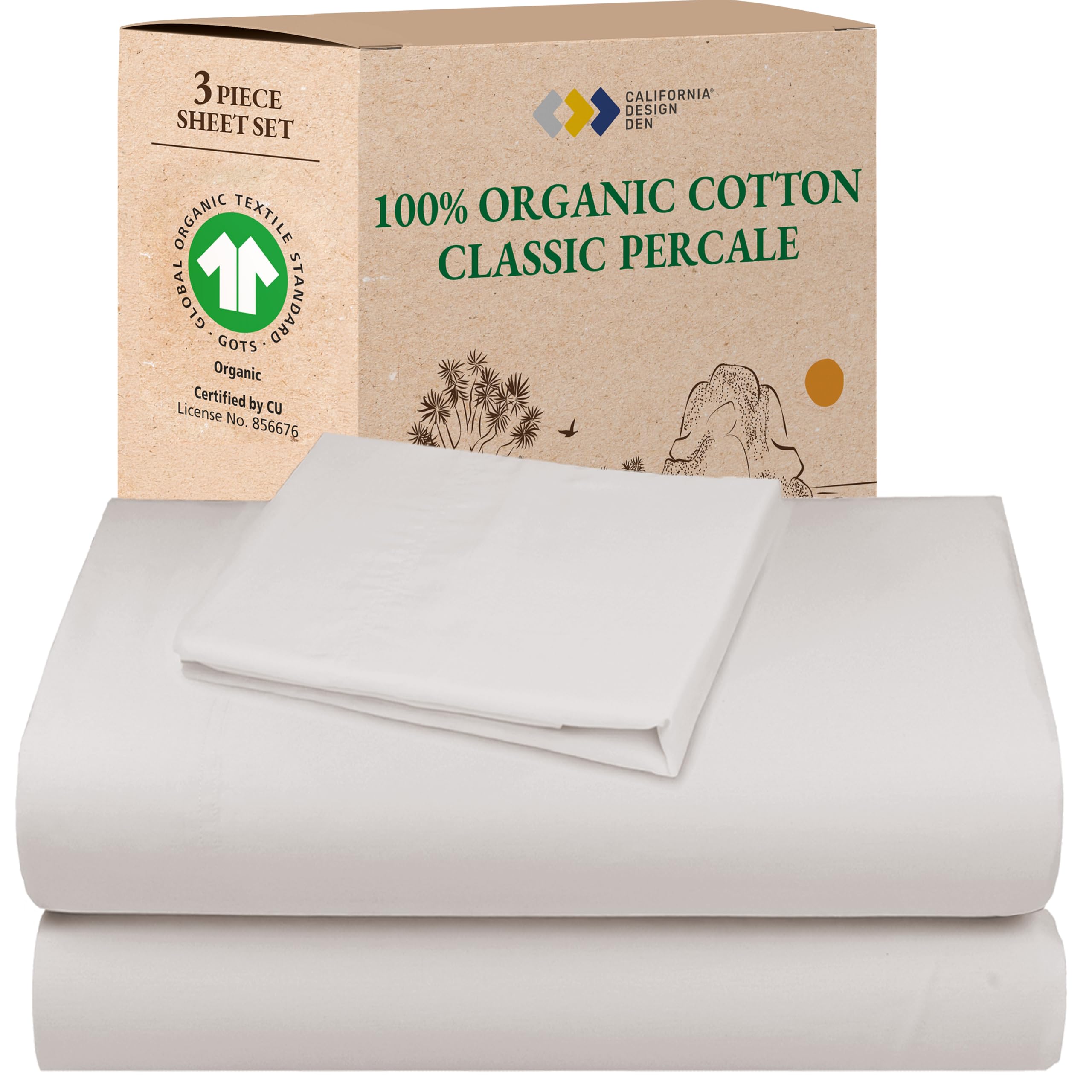 California Design Den Queen Sheet Set - Soft 100% Organic Cotton Sheets with Deep Pockets, Crisp Percale, Breathable and Durable Bedding Set - White
