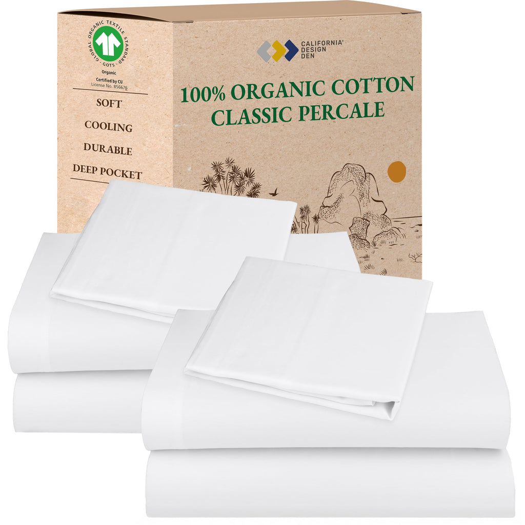 California Design Den Queen Sheet Set - Soft 100% Organic Cotton Sheets with Deep Pockets, Crisp Percale, Breathable and Durable Bedding Set - White