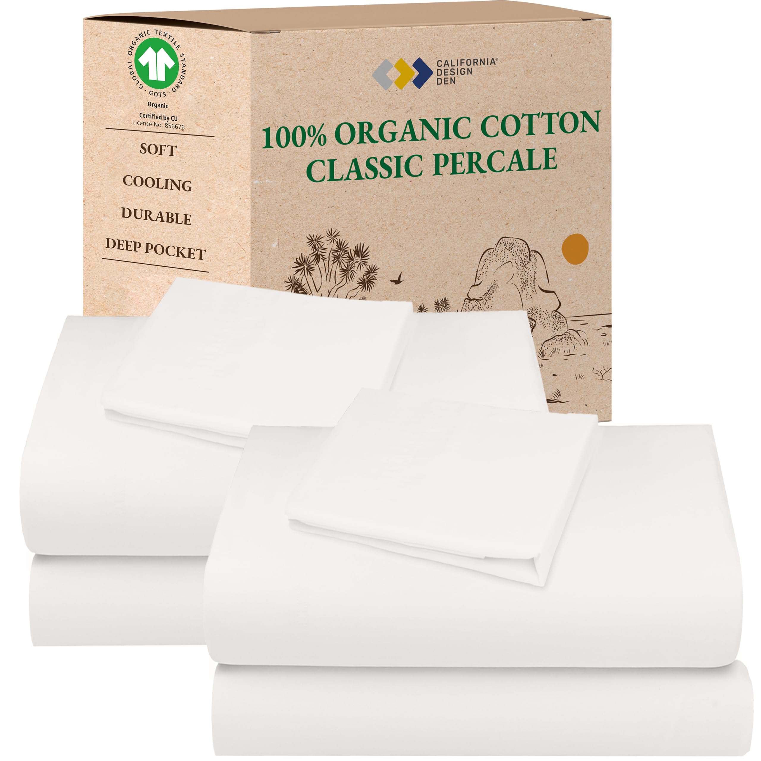 California Design Den Queen Sheet Set - Soft 100% Organic Cotton Sheets with Deep Pockets, Crisp Percale, Breathable and Durable Bedding Set - White
