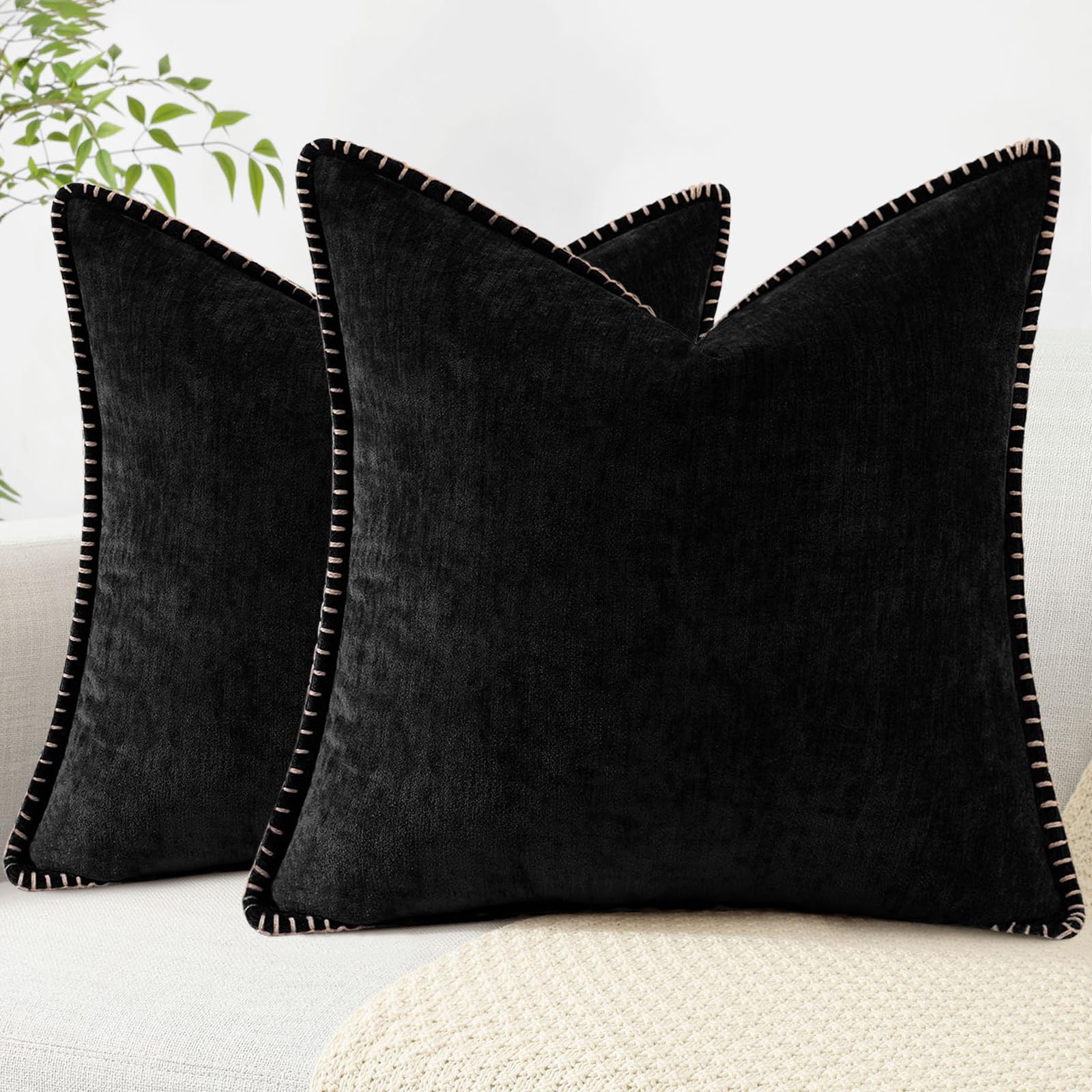 decorUhome Chenille Soft Cozy Throw Pillow Covers 18x18 Set of 2, Modern Farmhouse Boho Velvet Decorative Pillow Cases with Stitched Edge for Couch Sofa Bed Home Decor, Forest Green