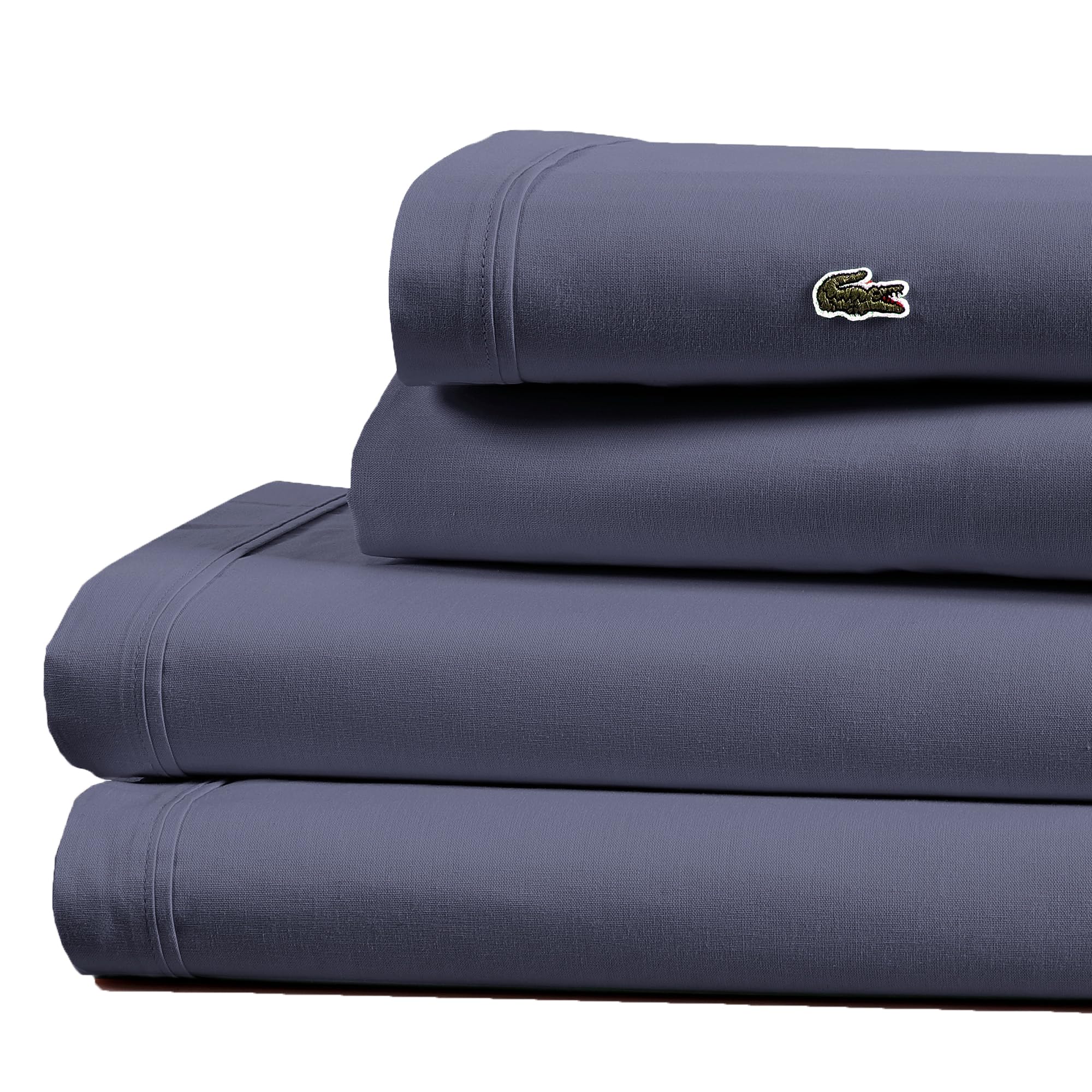 Lacoste 100% Cotton Percale 4-Piece Sheet Set – Cool, Crisp, Matte, and Durable, Oeko-Tex Certified – Solid, Navy, Full