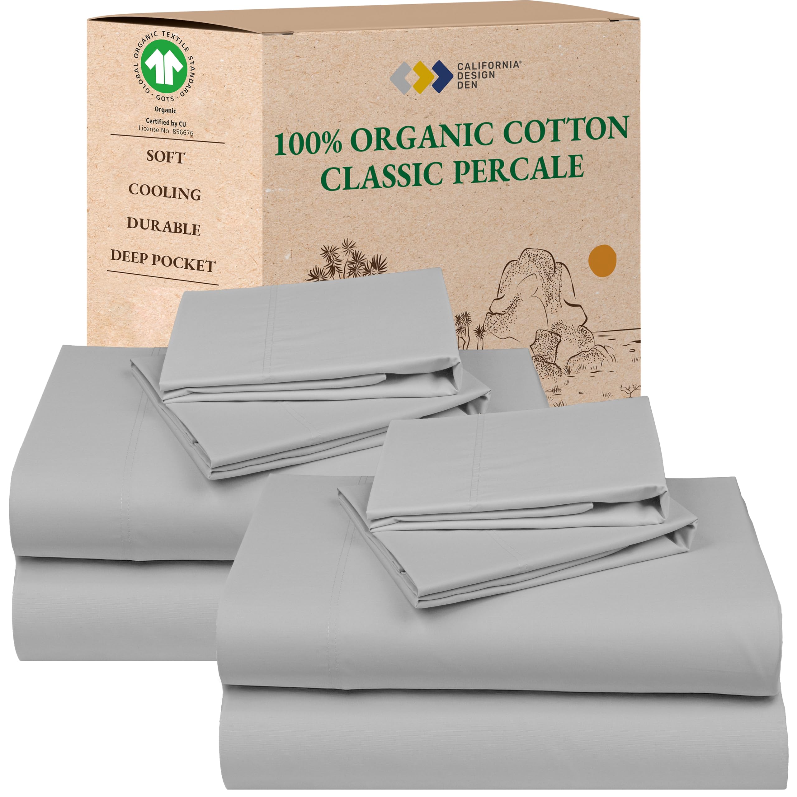California Design Den Queen Sheet Set - Soft 100% Organic Cotton Sheets with Deep Pockets, Crisp Percale, Breathable and Durable Bedding Set - White