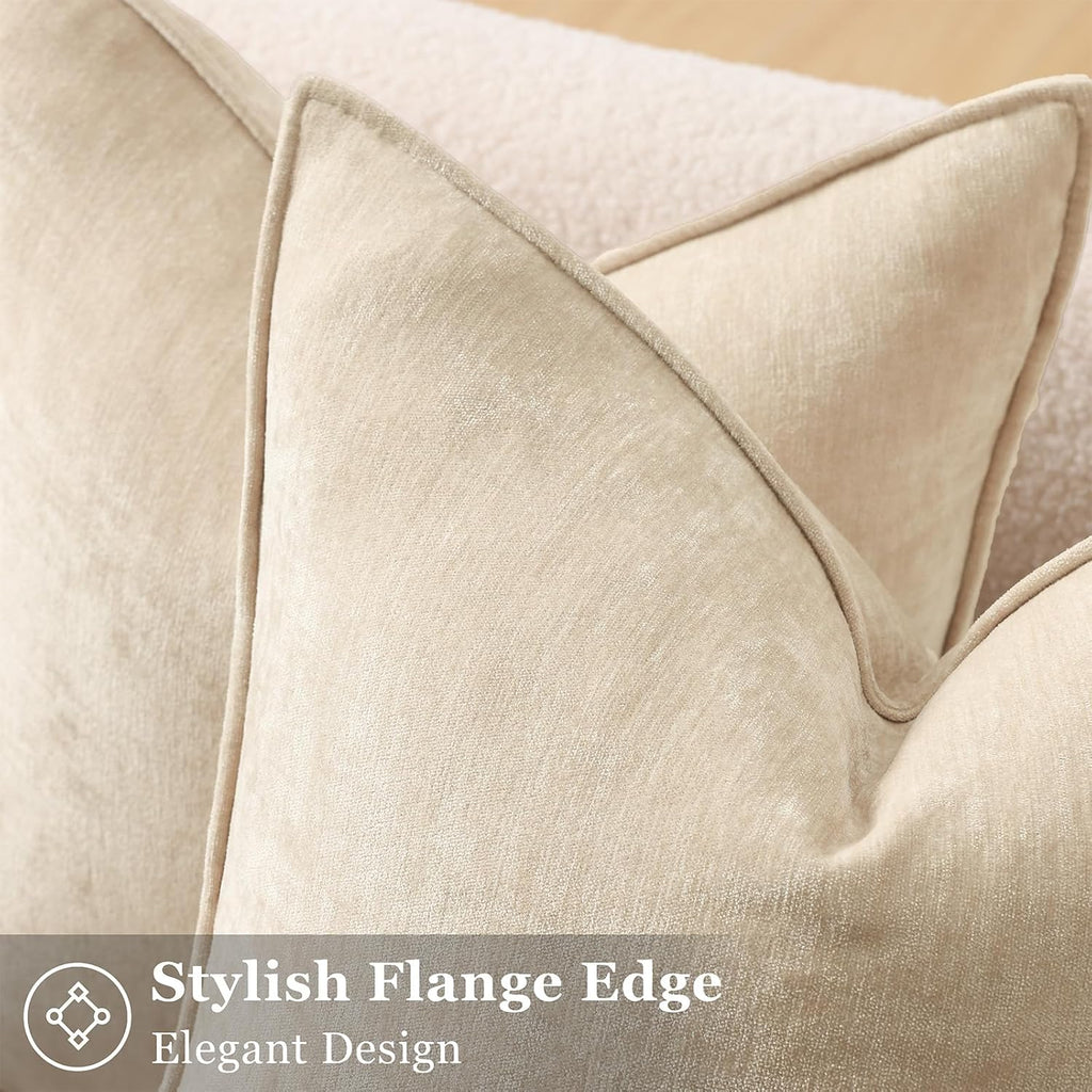 decorUhome Summer Couch Throw Pillow Covers 18x18 Set of 2, Decorative Soft Velvet Modern Cozy Chenille Pillow Cases with Elegant Design for Sofa Bed Living Room Home Decor, Beige