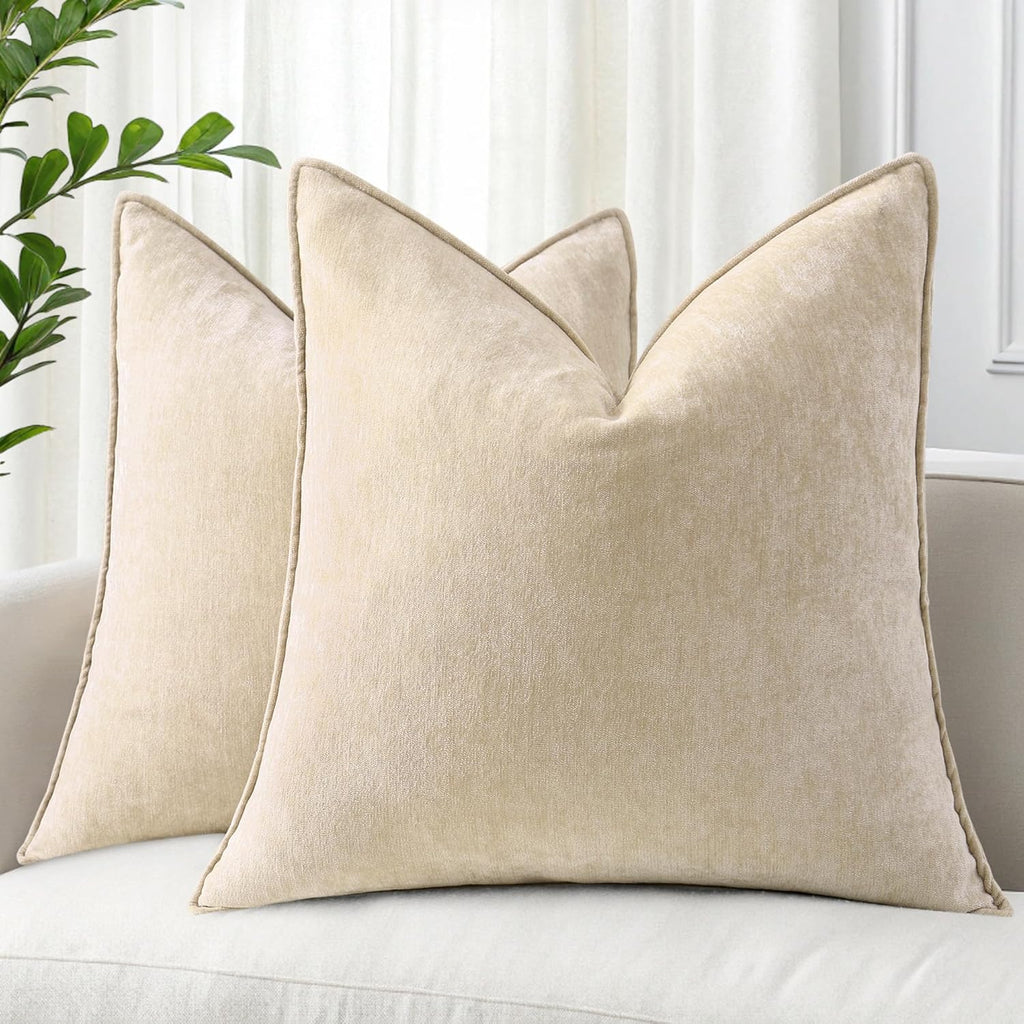decorUhome Summer Couch Throw Pillow Covers 18x18 Set of 2, Decorative Soft Velvet Modern Cozy Chenille Pillow Cases with Elegant Design for Sofa Bed Living Room Home Decor, Beige