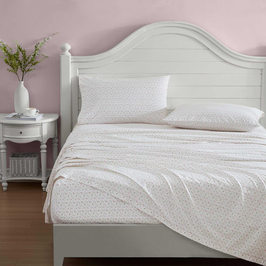Laura Ashley - Queen Sheets, Cotton Percale Bedding Set, Lightweight & Breathable Home Decor (Evie Pink, Queen)