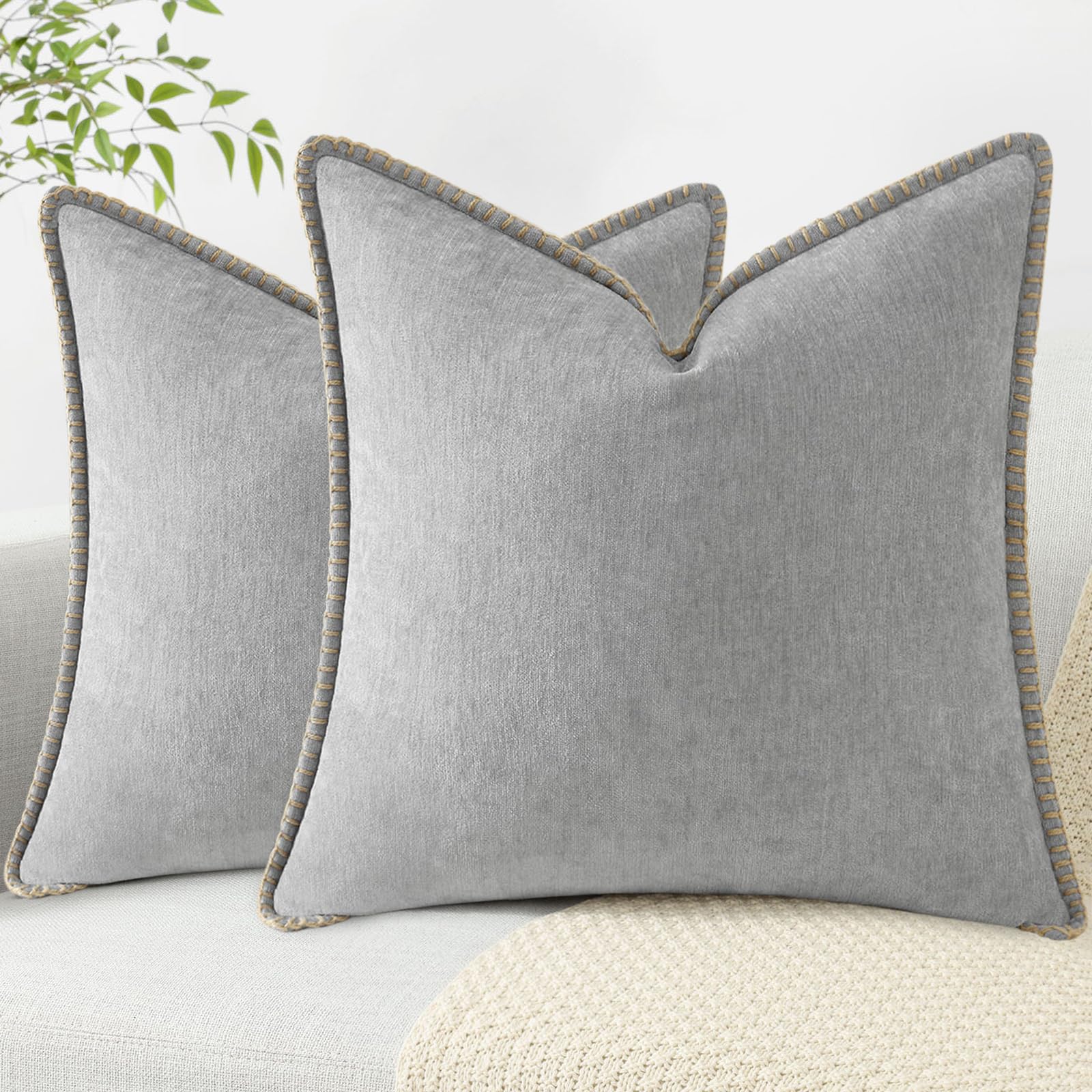 decorUhome Chenille Soft Cozy Throw Pillow Covers 18x18 Set of 2, Modern Farmhouse Boho Velvet Decorative Pillow Cases with Stitched Edge for Couch Sofa Bed Home Decor, Forest Green