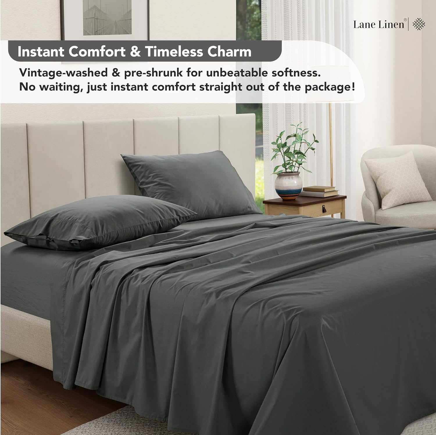 LANE LINEN Twin Sheets Set – Long-Staple 100% Cotton Pre-Washed Twin Sheets, Naturally Cool & Soft Percale Weave for All-Season Comfort for Dorm use, Machine Washable,15” Deep Pocket – Charcoal
