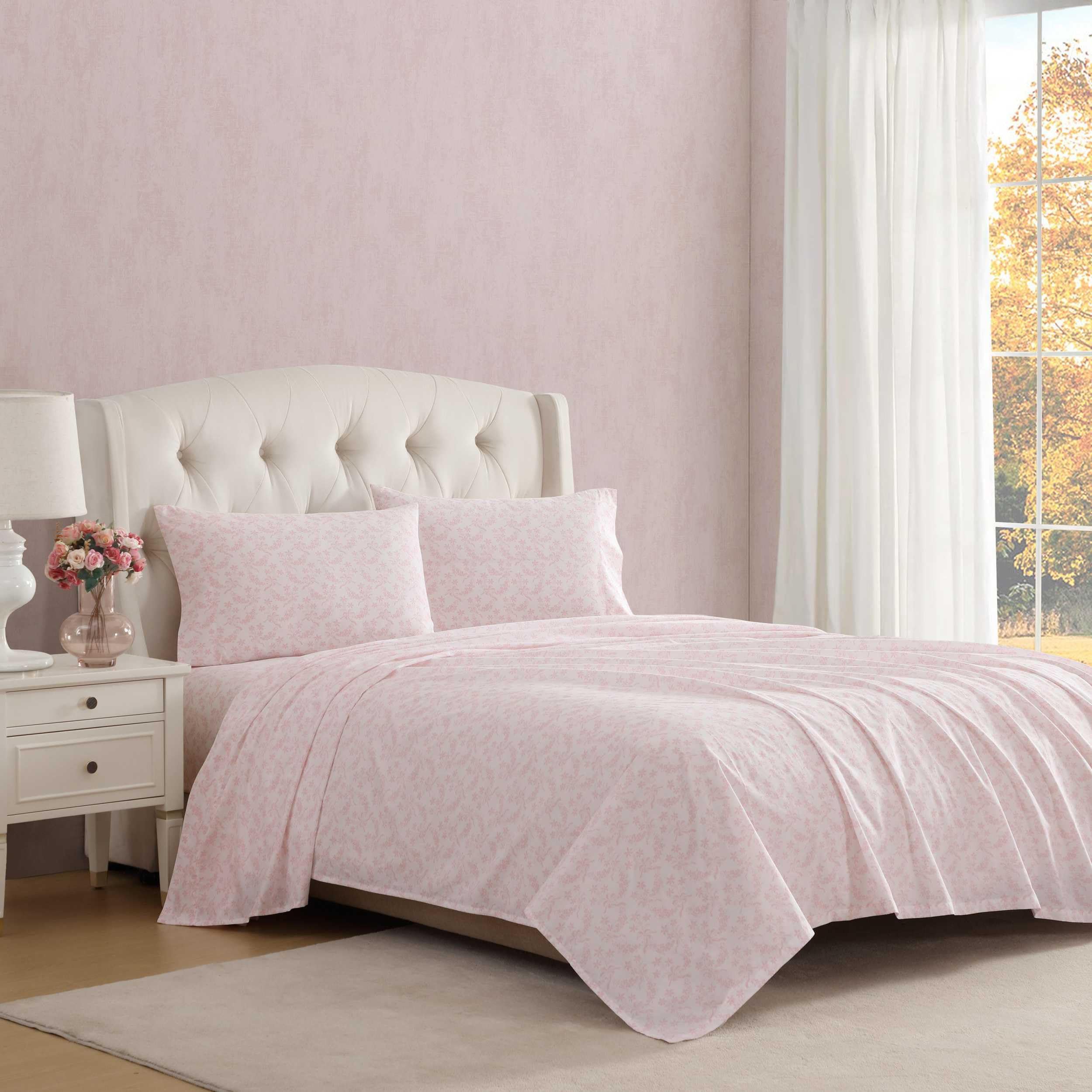 Laura Ashley - Queen Sheets, Cotton Percale Bedding Set, Lightweight & Breathable Home Decor (Evie Pink, Queen)
