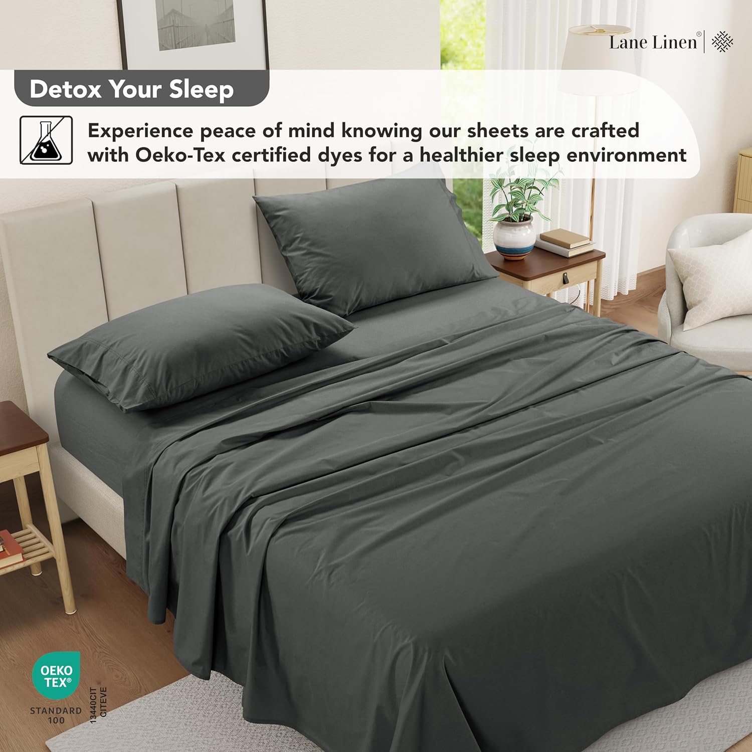 LANE LINEN Twin Sheets Set – Long-Staple 100% Cotton Pre-Washed Twin Sheets, Naturally Cool & Soft Percale Weave for All-Season Comfort for Dorm use, Machine Washable,15” Deep Pocket – Charcoal