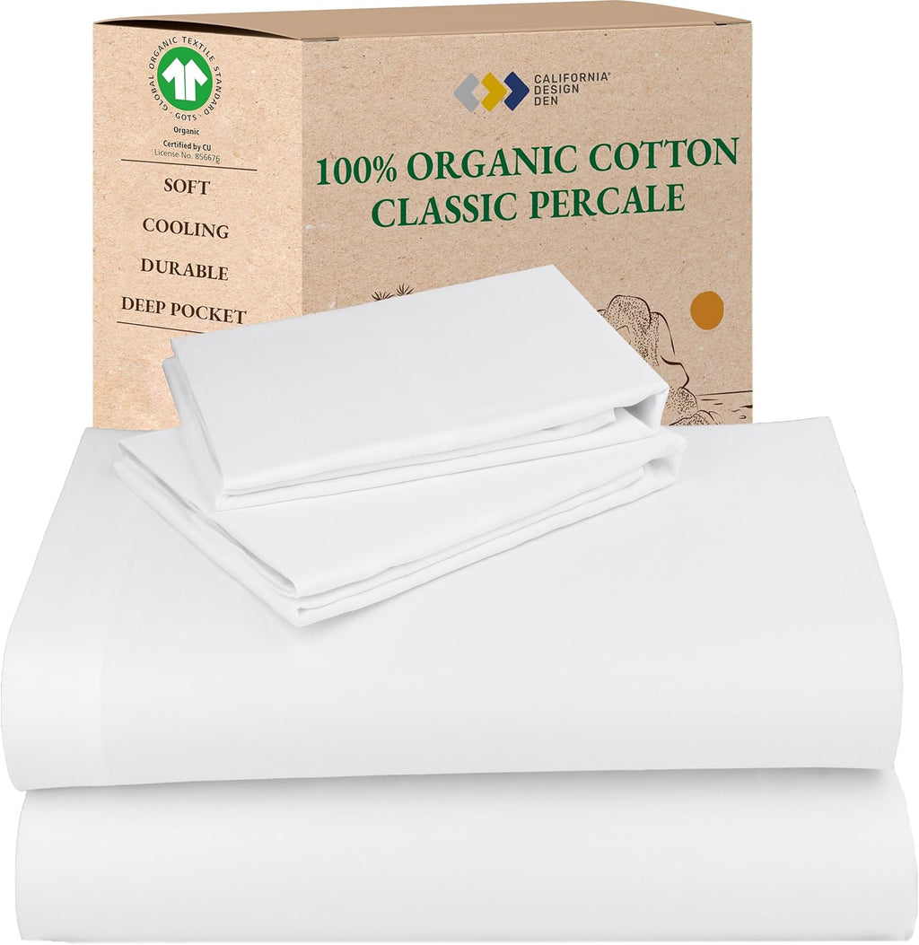 California Design Den Queen Sheet Set - Soft 100% Organic Cotton Sheets with Deep Pockets, Crisp Percale, Breathable and Durable Bedding Set - White
