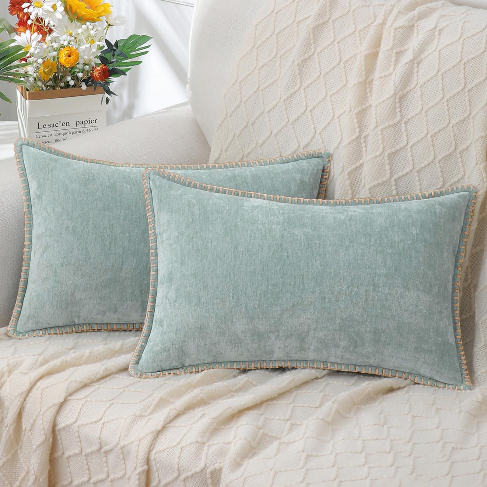 decorUhome Chenille Soft Cozy Throw Pillow Covers 18x18 Set of 2, Modern Farmhouse Boho Velvet Decorative Pillow Cases with Stitched Edge for Couch Sofa Bed Home Decor, Forest Green