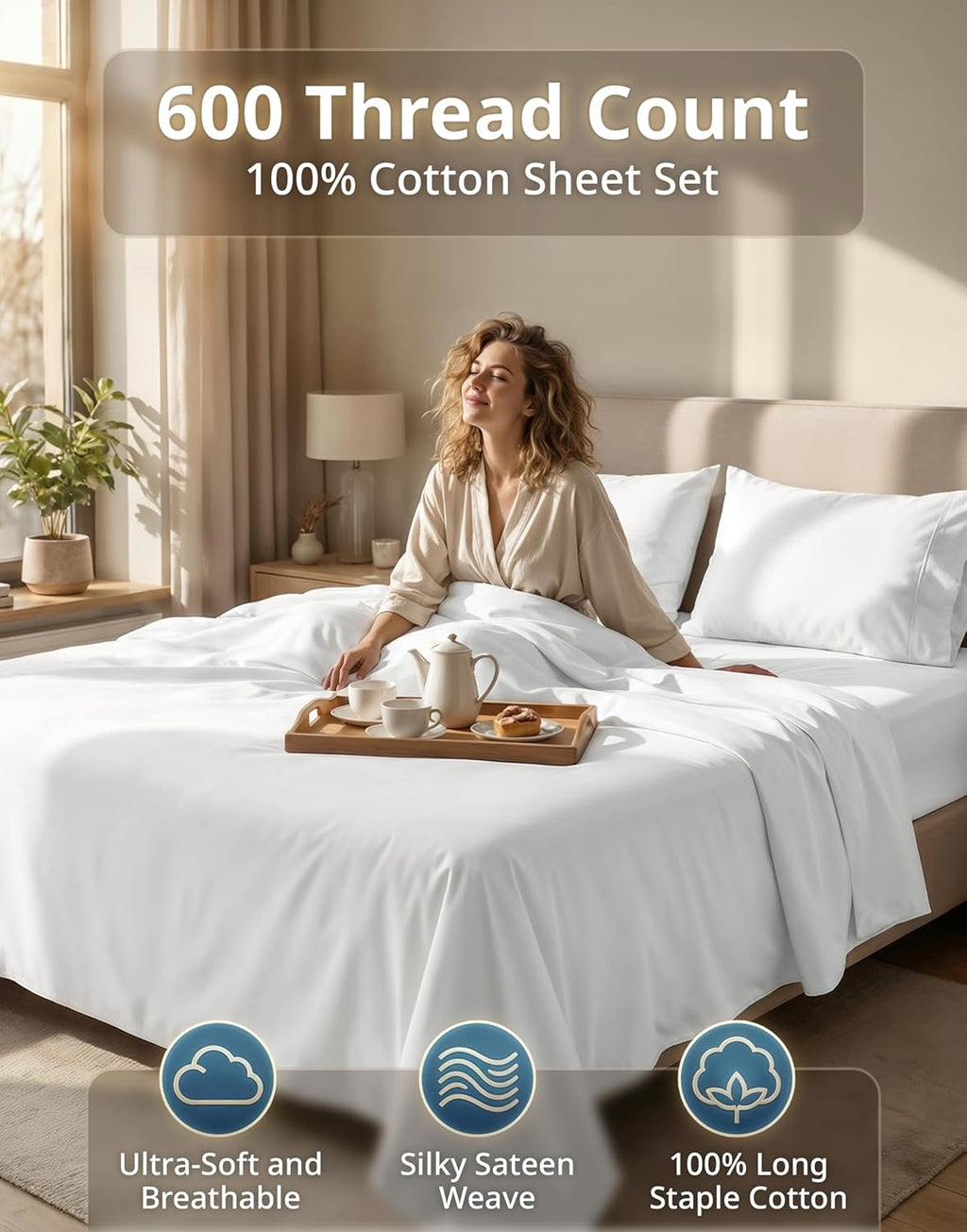 LANE LINEN 100% Cotton Sheets Full Size - 600 Thread Count Sateen Weave - Hotel Quality Softness, Great for Everyday Comfort - Securely Fits Matresses Upto 15'' Deep - Oeko TEX Certified - White