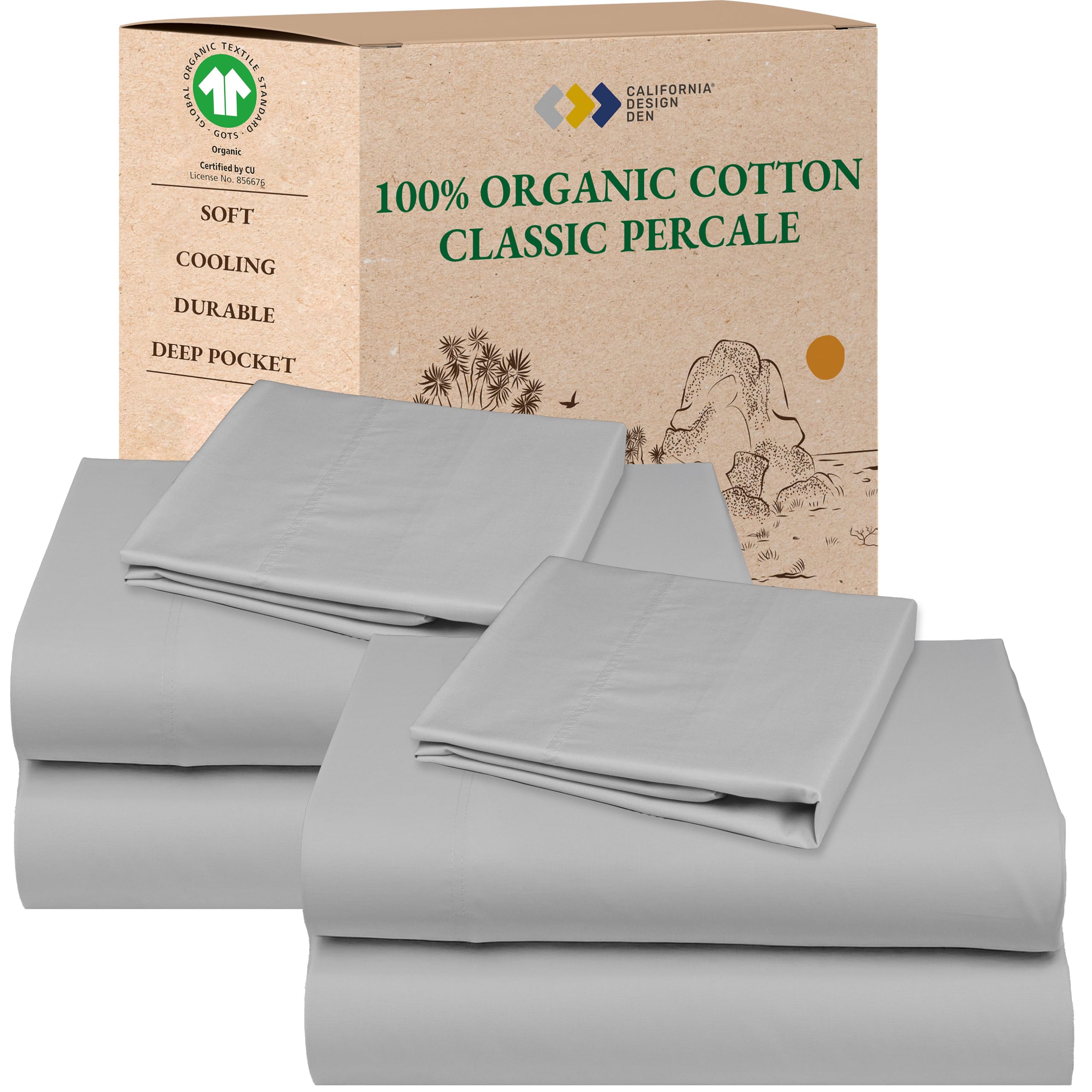 California Design Den Queen Sheet Set - Soft 100% Organic Cotton Sheets with Deep Pockets, Crisp Percale, Breathable and Durable Bedding Set - White