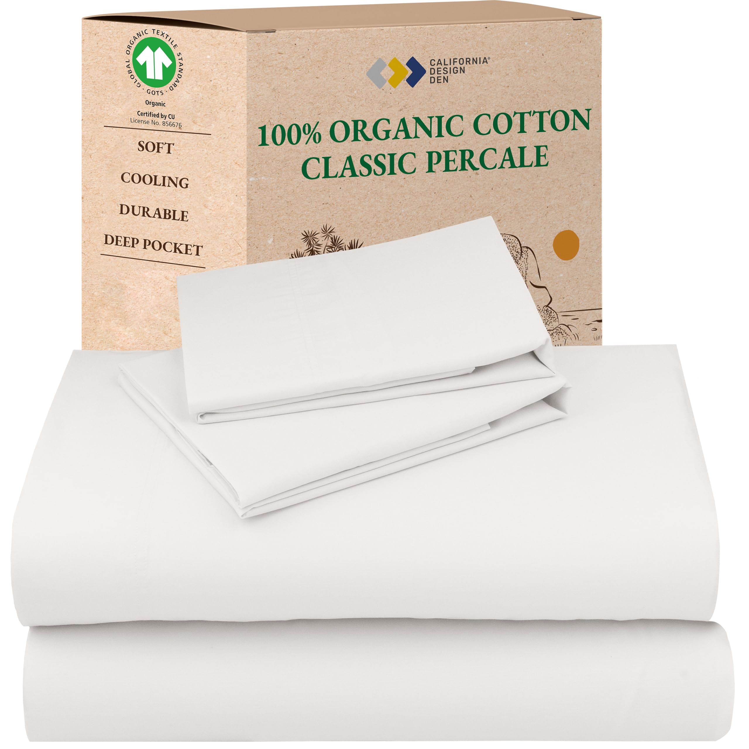California Design Den Queen Sheet Set - Soft 100% Organic Cotton Sheets with Deep Pockets, Crisp Percale, Breathable and Durable Bedding Set - White