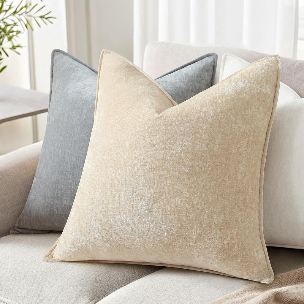 decorUhome Summer Couch Throw Pillow Covers 18x18 Set of 2, Decorative Soft Velvet Modern Cozy Chenille Pillow Cases with Elegant Design for Sofa Bed Living Room Home Decor, Beige