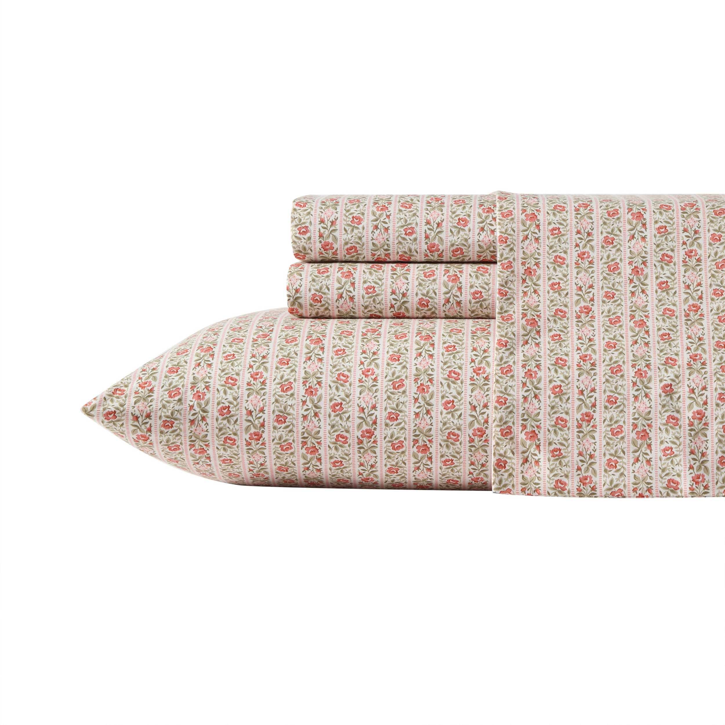 Laura Ashley - Queen Sheets, Cotton Percale Bedding Set, Lightweight & Breathable Home Decor (Evie Pink, Queen)
