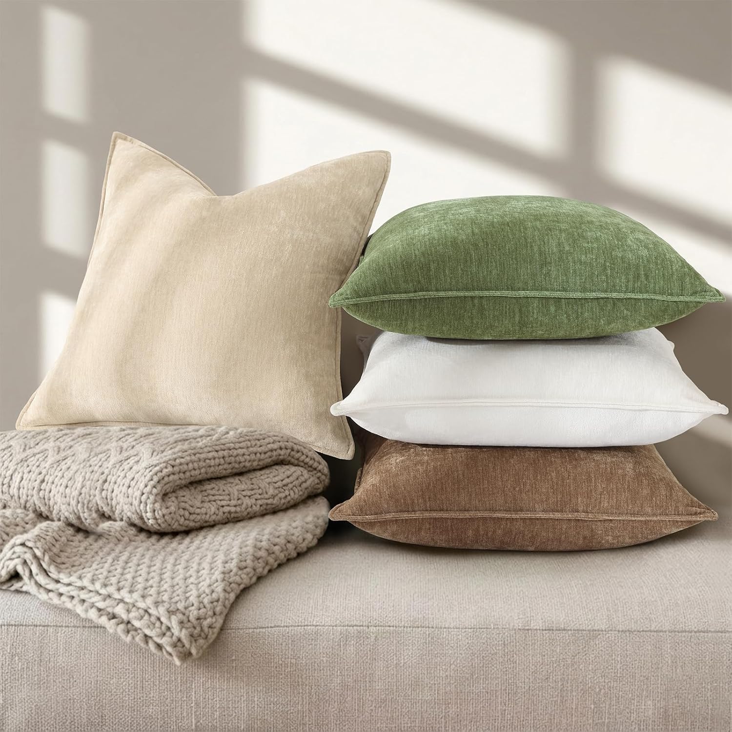 decorUhome Summer Couch Throw Pillow Covers 18x18 Set of 2, Decorative Soft Velvet Modern Cozy Chenille Pillow Cases with Elegant Design for Sofa Bed Living Room Home Decor, Beige