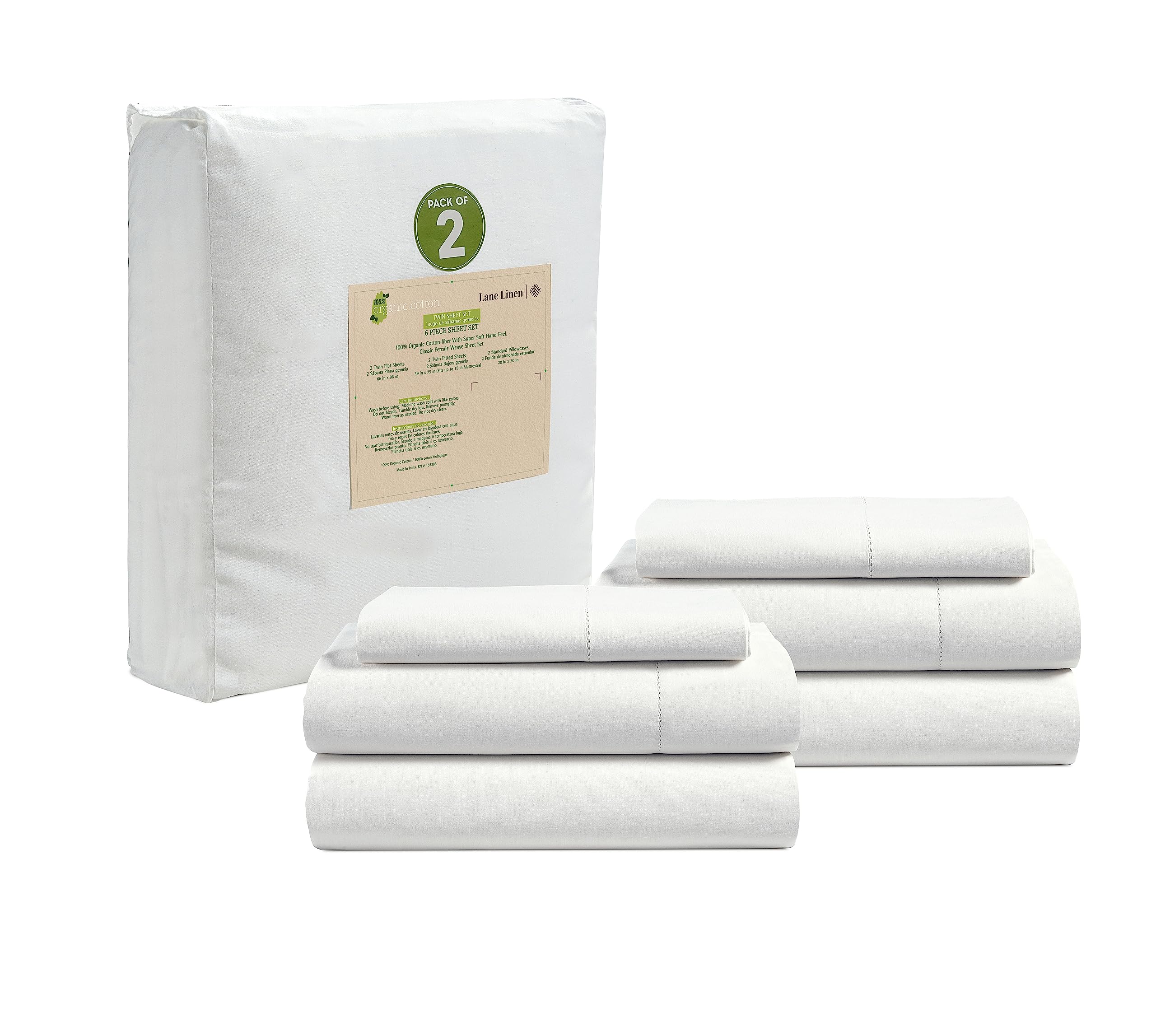 LANE LINEN Eco Friendly 100% Organic Cotton Queen Sheet Set, Soft & Comfy Fully Elasticized 15" Deep Pocket Bed Sheets, Low Pill Naturally Cooling Machine Wash Sábanas Queen- White Bed Sheets