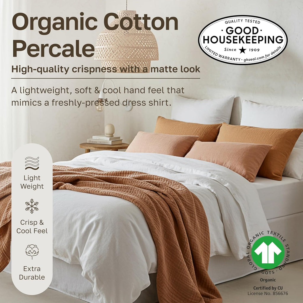 California Design Den Queen Sheet Set - Soft 100% Organic Cotton Sheets with Deep Pockets, Crisp Percale, Breathable and Durable Bedding Set - White