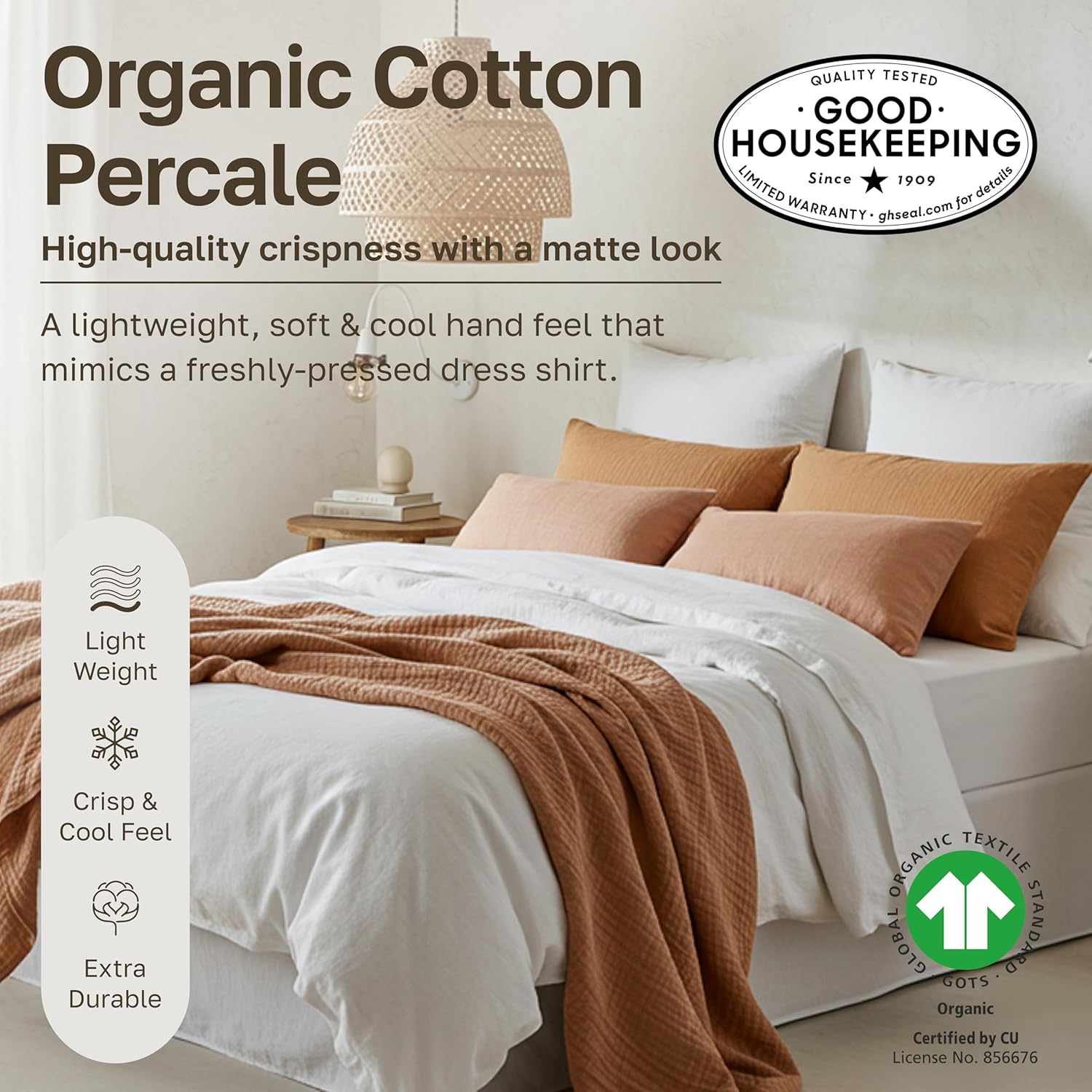 California Design Den Queen Sheet Set - Soft 100% Organic Cotton Sheets with Deep Pockets, Crisp Percale, Breathable and Durable Bedding Set - White