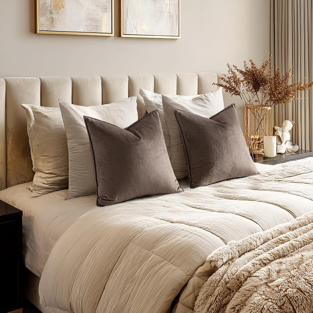 MIULEE Dark Coffee Velvet Throw Pillow Covers 20x20 Taupe Neutral Soft Decorative Solid Square Cushion Cases Pack of 2 Modern Luxury Home Decor for Couch, Sofa, Bedroom
