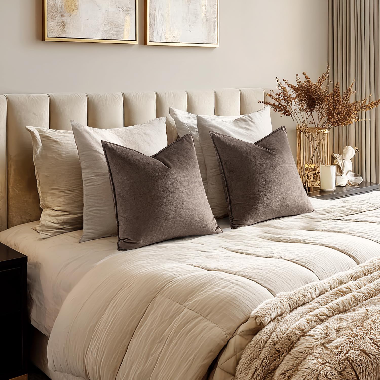 MIULEE Dark Coffee Velvet Throw Pillow Covers 20x20 Taupe Neutral Soft Decorative Solid Square Cushion Cases Pack of 2 Modern Luxury Home Decor for Couch, Sofa, Bedroom