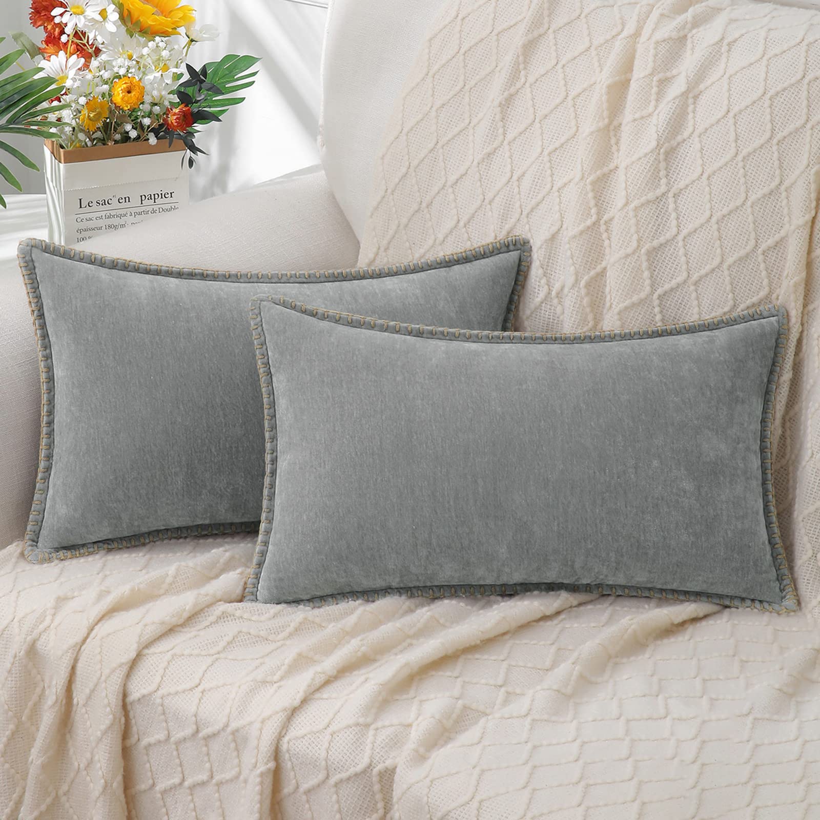 decorUhome Chenille Soft Cozy Throw Pillow Covers 18x18 Set of 2, Modern Farmhouse Boho Velvet Decorative Pillow Cases with Stitched Edge for Couch Sofa Bed Home Decor, Forest Green