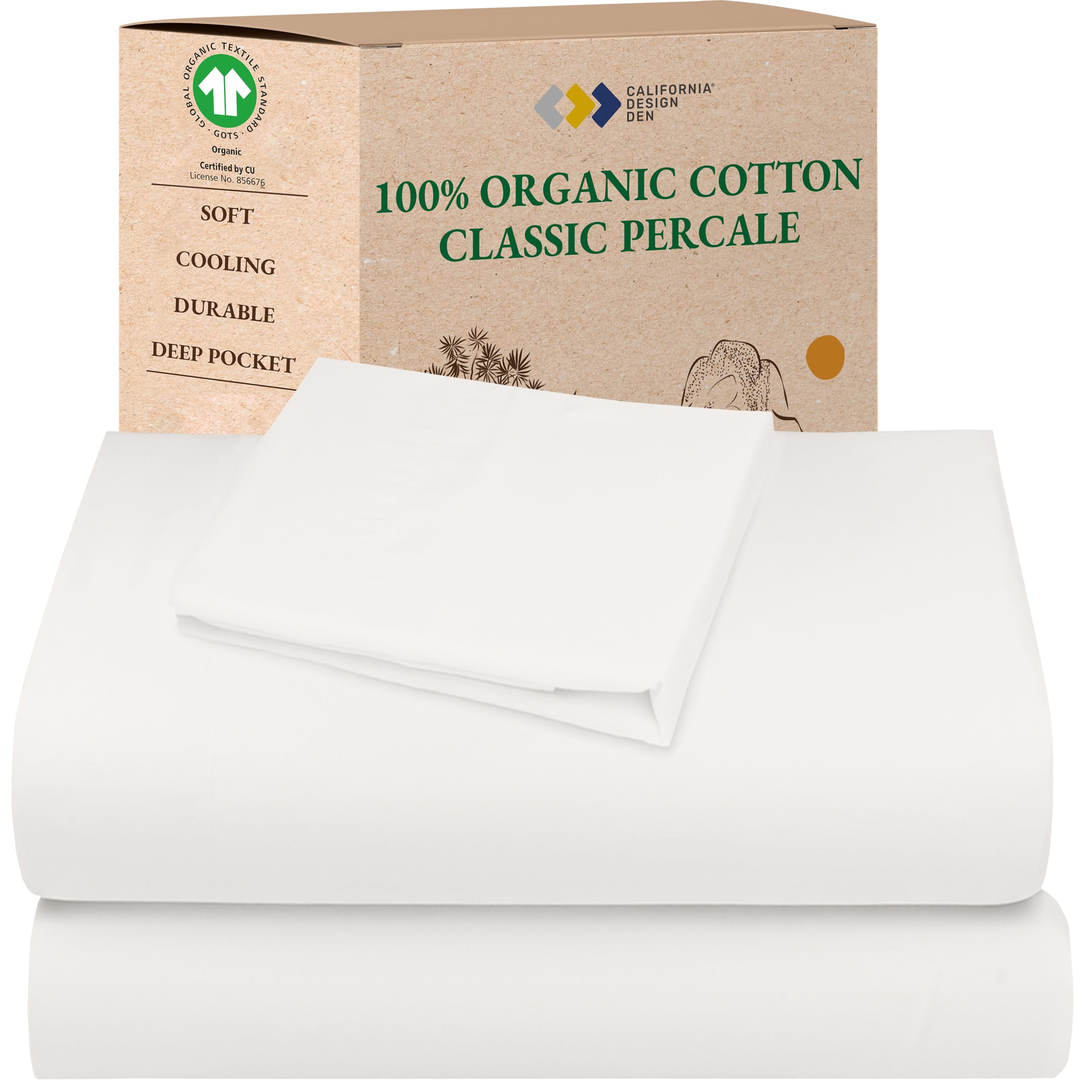 California Design Den Queen Sheet Set - Soft 100% Organic Cotton Sheets with Deep Pockets, Crisp Percale, Breathable and Durable Bedding Set - White