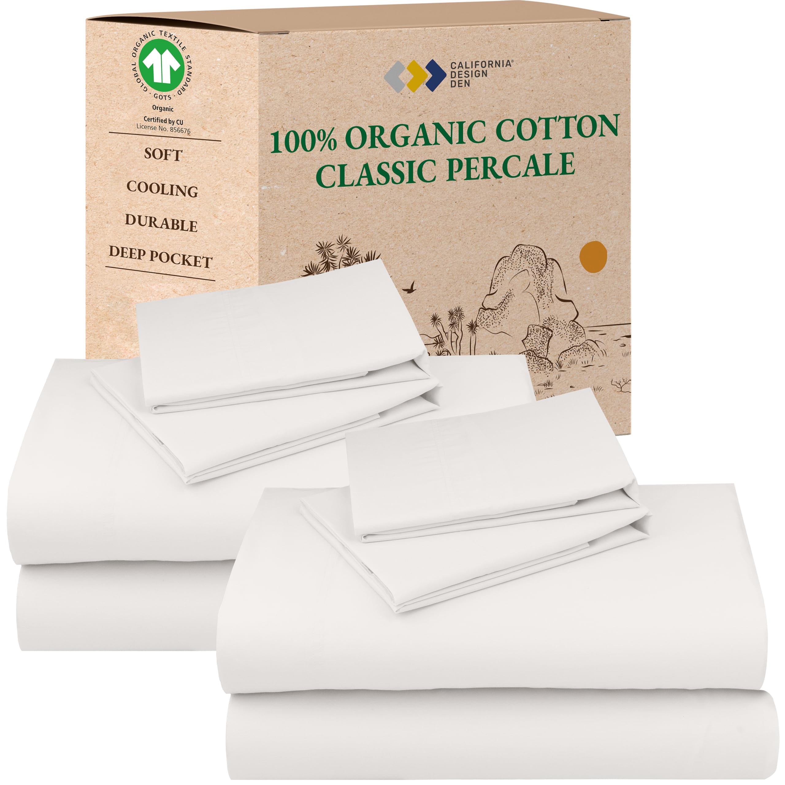 California Design Den Queen Sheet Set - Soft 100% Organic Cotton Sheets with Deep Pockets, Crisp Percale, Breathable and Durable Bedding Set - White