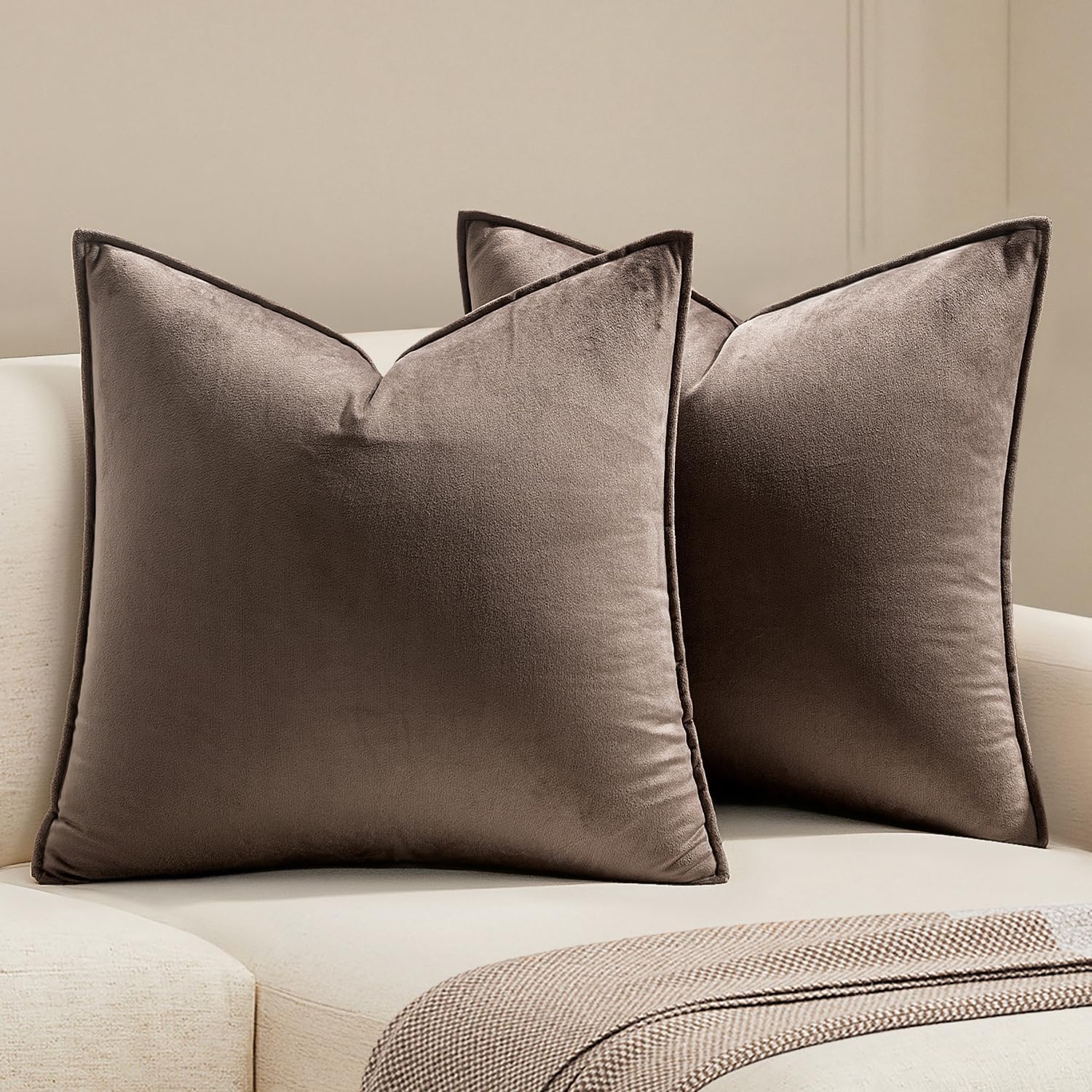 MIULEE Dark Coffee Velvet Throw Pillow Covers 20x20 Taupe Neutral Soft Decorative Solid Square Cushion Cases Pack of 2 Modern Luxury Home Decor for Couch, Sofa, Bedroom