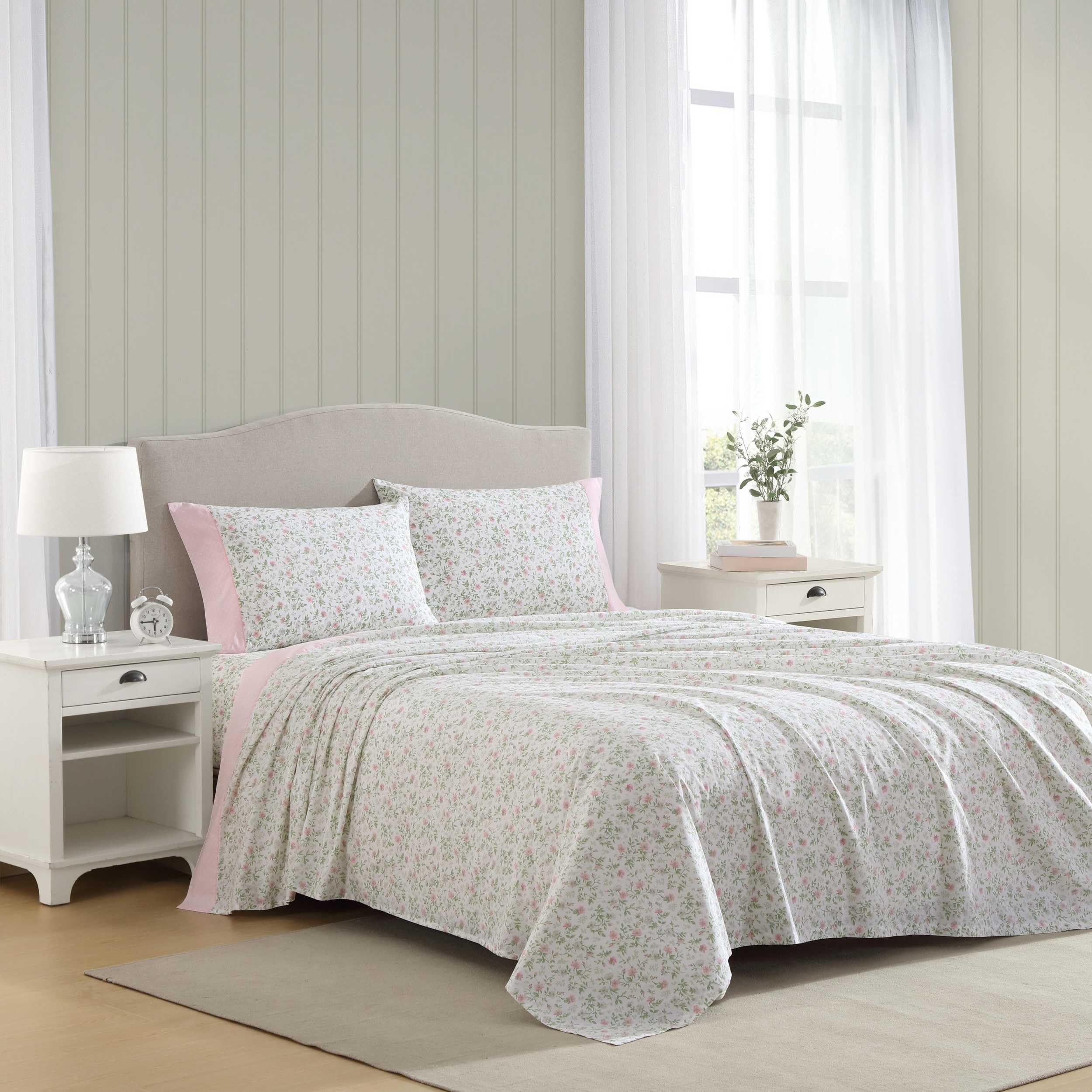 Laura Ashley - Queen Sheets, Cotton Percale Bedding Set, Lightweight & Breathable Home Decor (Evie Pink, Queen)