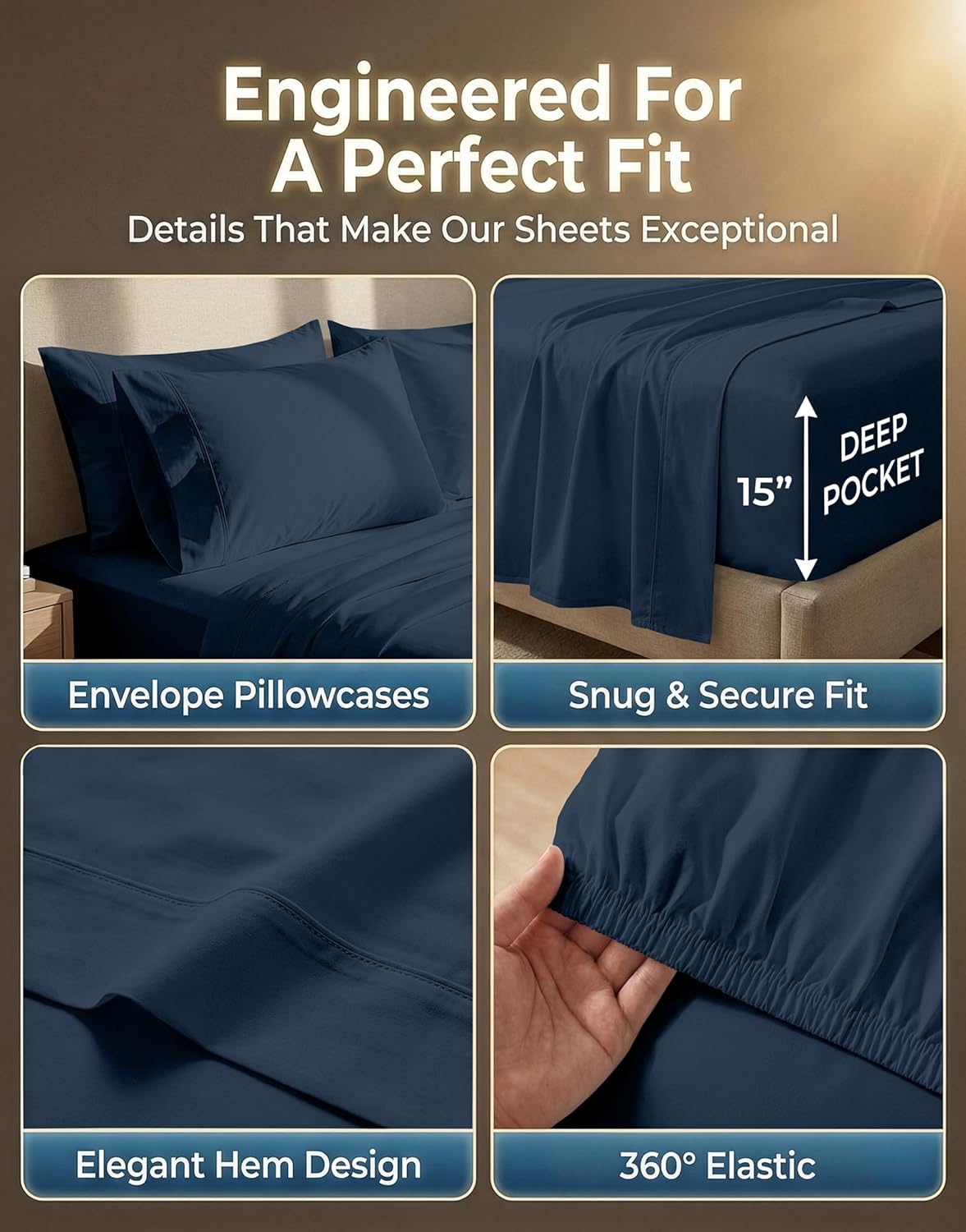LANE LINEN Queen Bed Sheets - Pemium 600 Thread Count Long Staple 100% Cotton Sheets Queen Size Bed Set, Hotel Luxury Sateen Finish, 15" Deep Pocket Fitted Sheet, Cool & Durable - Denim