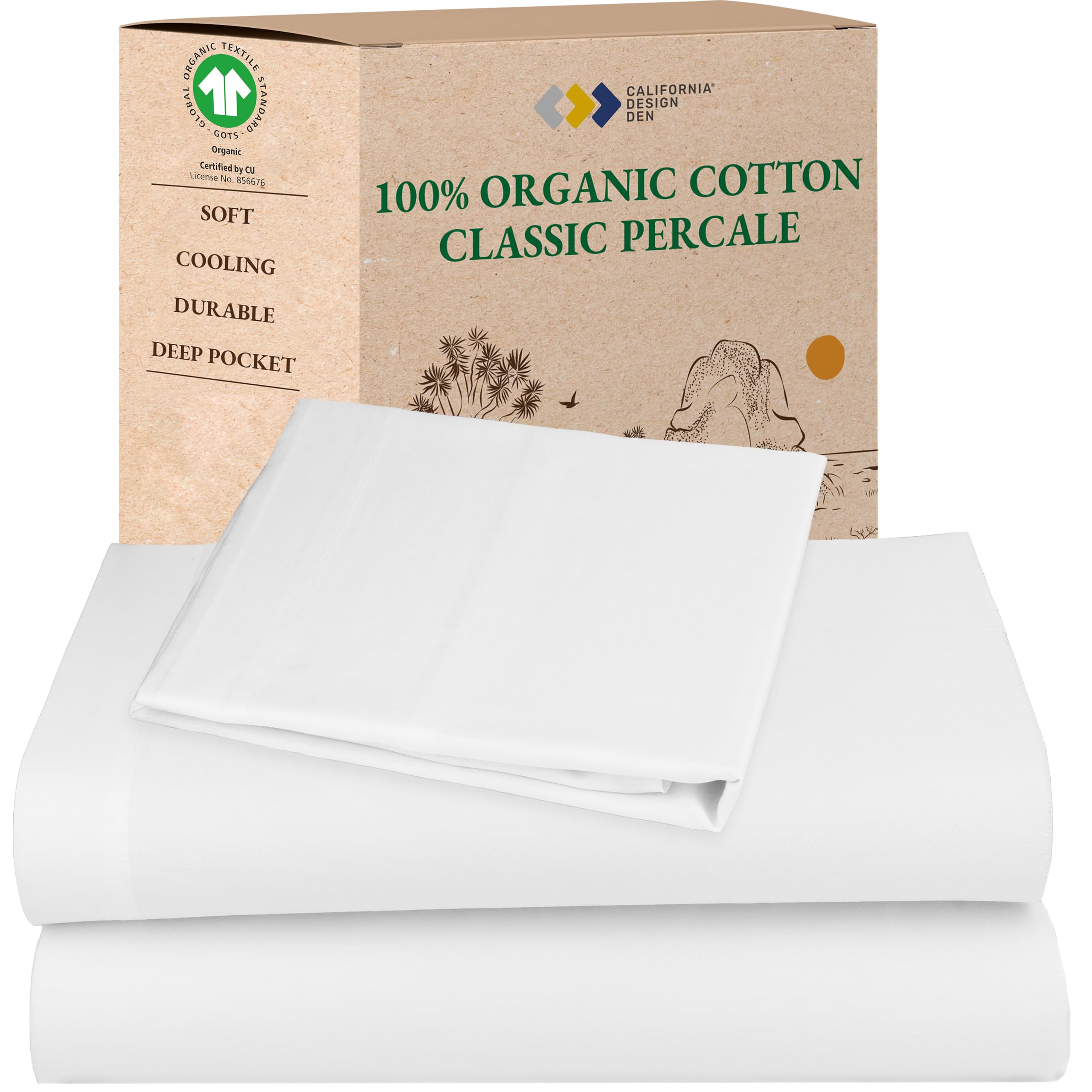 California Design Den Queen Sheet Set - Soft 100% Organic Cotton Sheets with Deep Pockets, Crisp Percale, Breathable and Durable Bedding Set - White