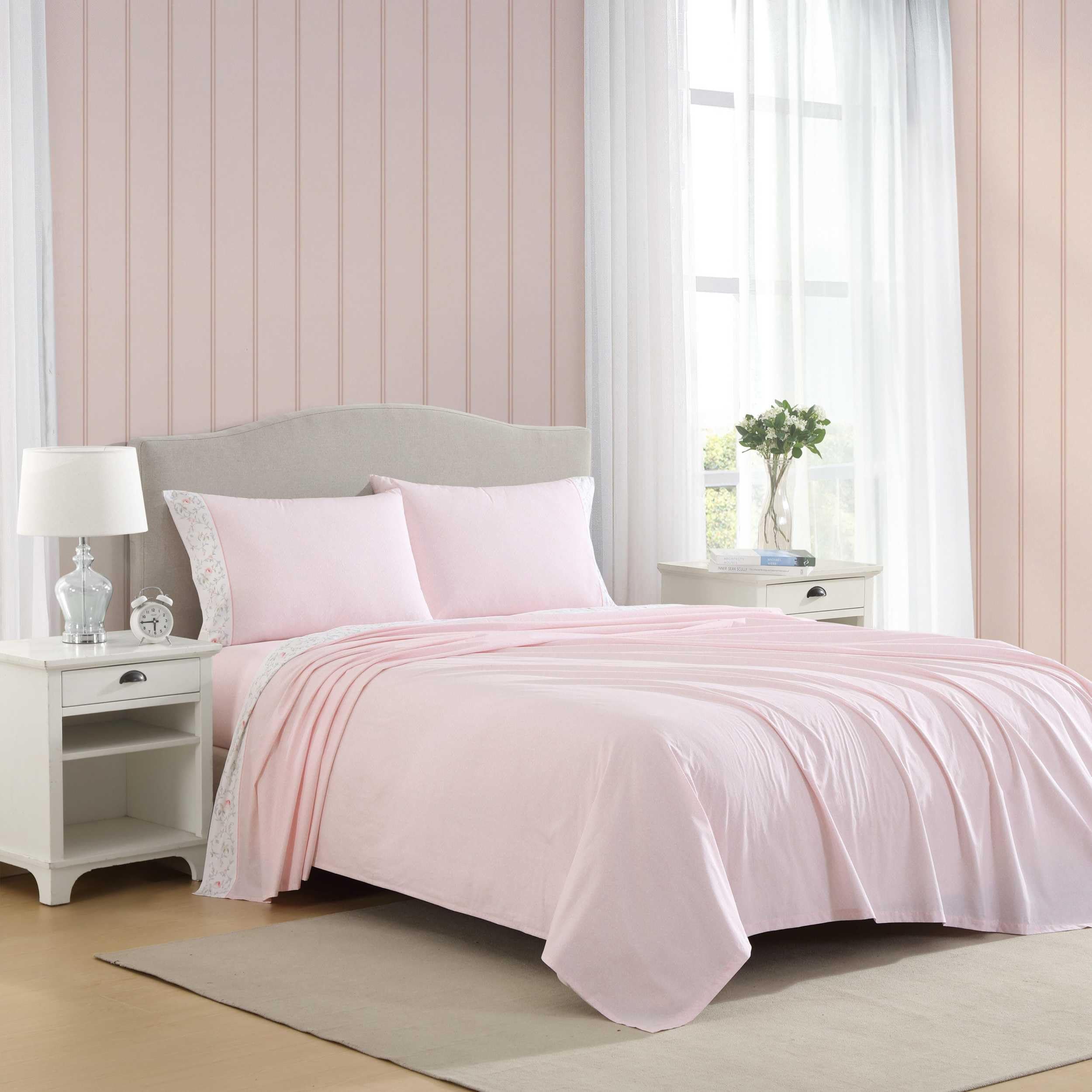 Laura Ashley - Queen Sheets, Cotton Percale Bedding Set, Lightweight & Breathable Home Decor (Evie Pink, Queen)