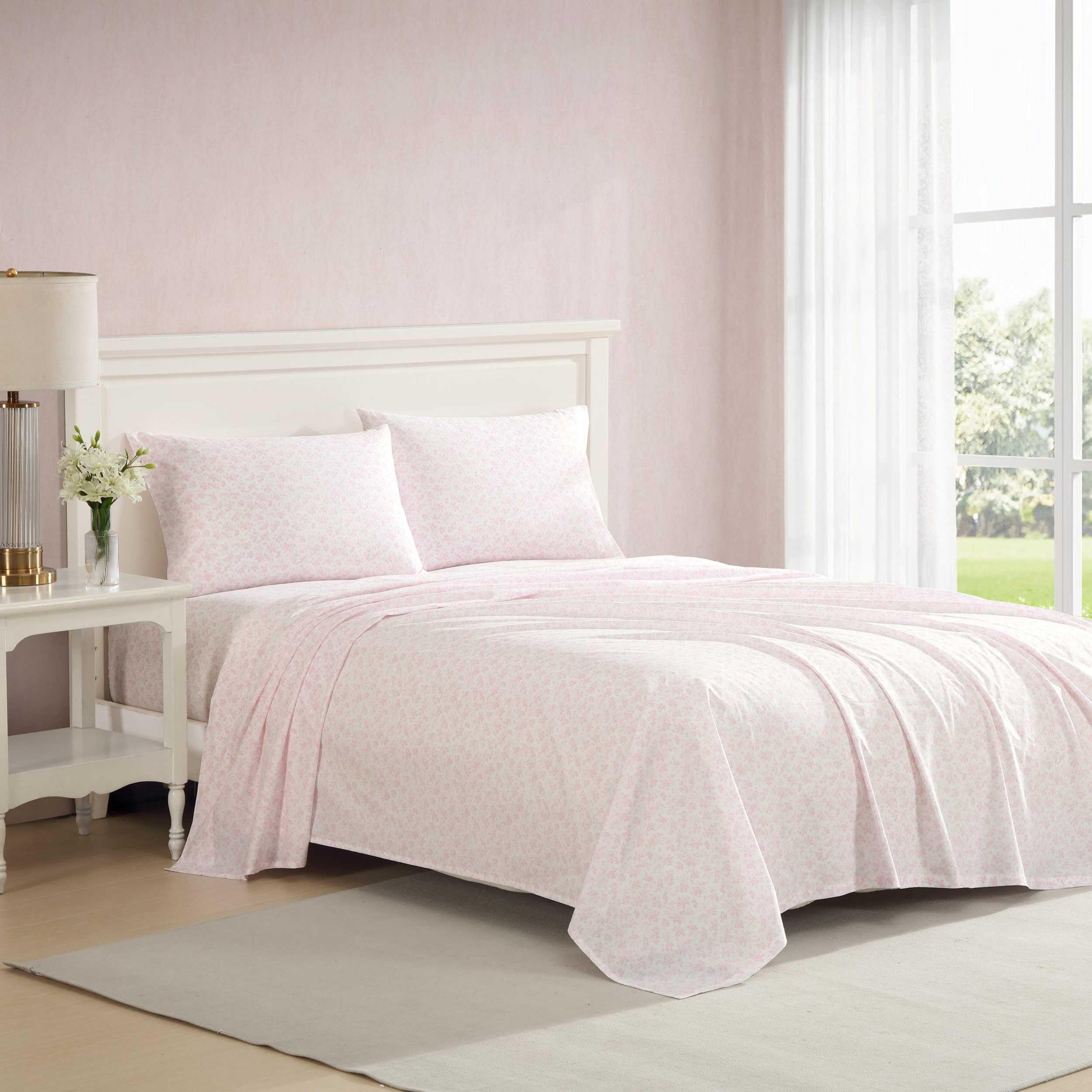 Laura Ashley - Queen Sheets, Cotton Percale Bedding Set, Lightweight & Breathable Home Decor (Evie Pink, Queen)